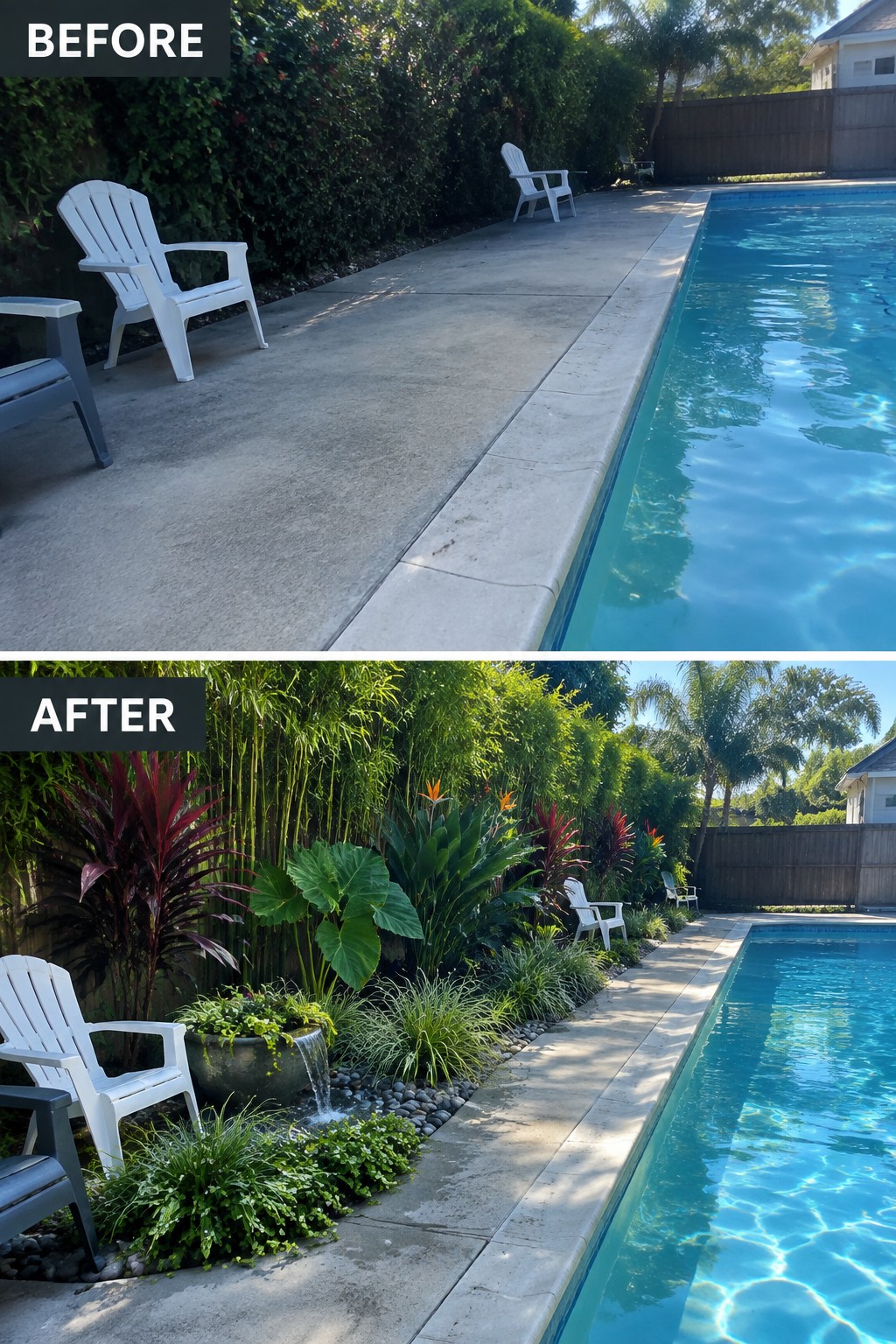 Before and after poolside patio transformed by lush tropical plants and fountain.