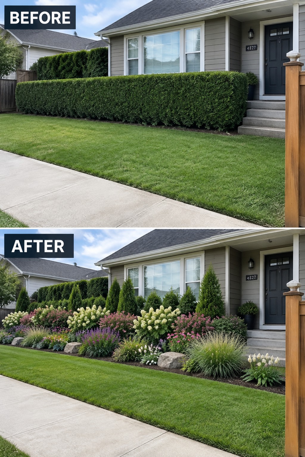 Before and after of gray house front yard with colorful flower garden landscaping