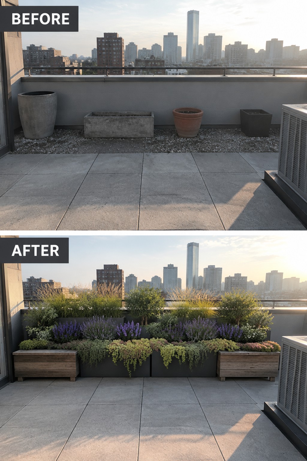Before and after rooftop garden transformation with lush plants and city skyline.