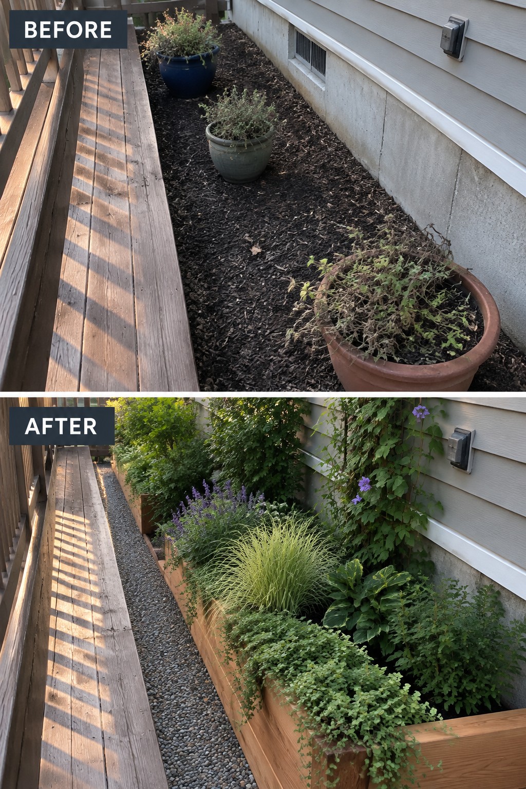 Before-and-after image of a bare mulch strip with scattered pots transformed into raised wooden beds filled with layered plants and climbing vines.