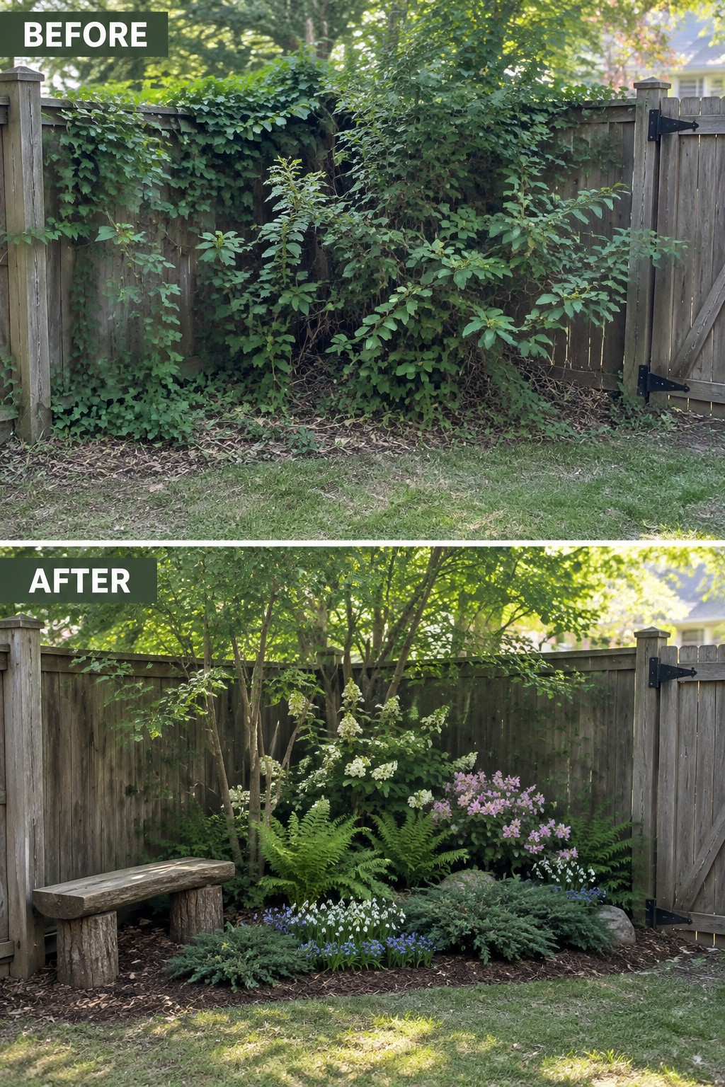 Before-and-after image of an overgrown fence line cleared and replanted with layered garden beds, a wooden bench, and mulch.