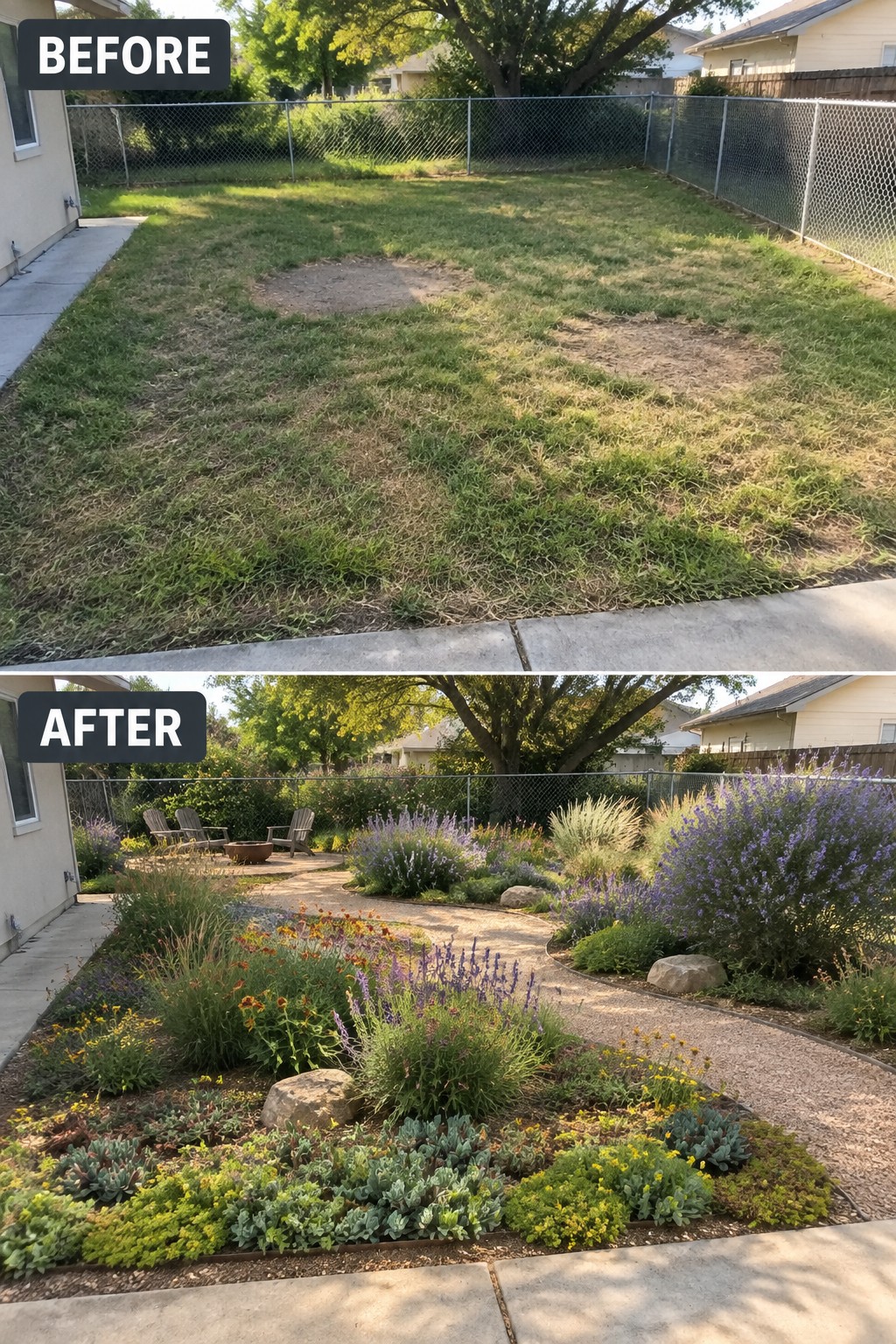 Before-and-after backyard makeover from patchy lawn to vibrant flower garden with gravel path.