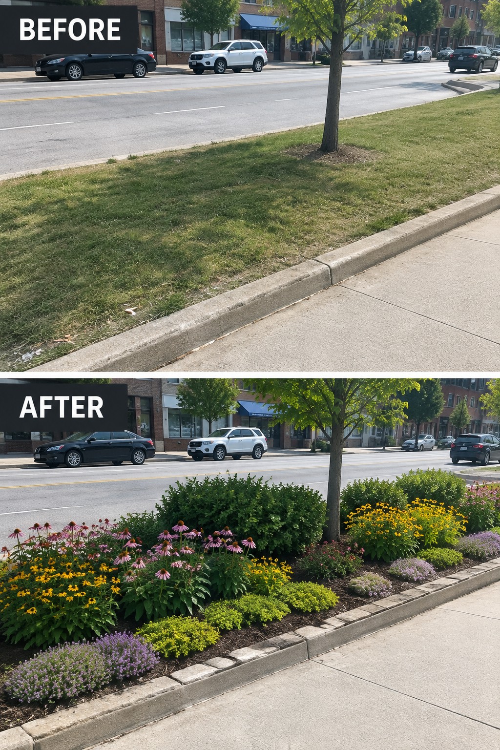 Before-and-after image of a grassy roadside strip changed into a layered flower bed with shrubs, coneflowers, and yellow blooms along the curb.