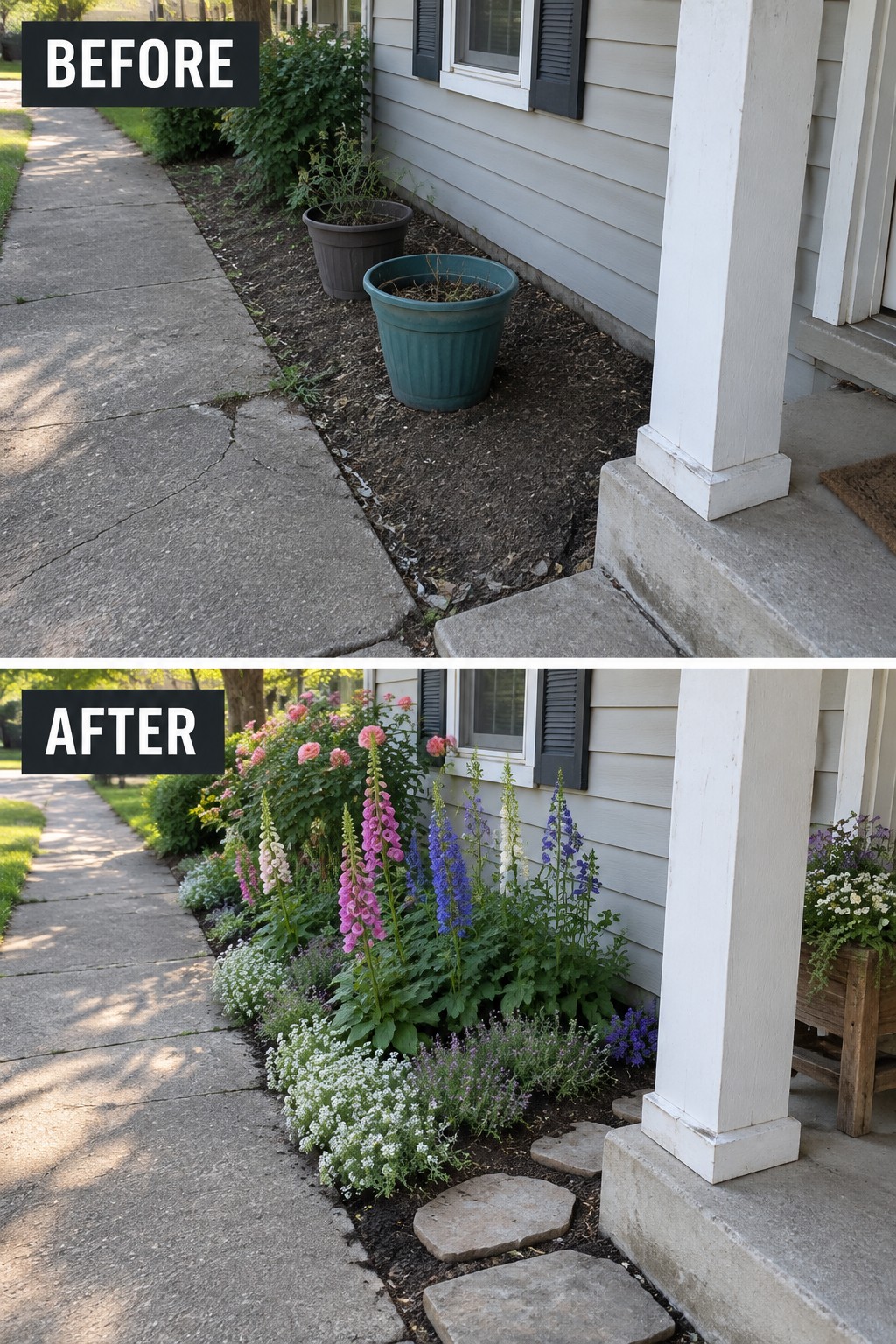 Before and after of house garden bed: empty pots versus colorful blooming flowers and stones.