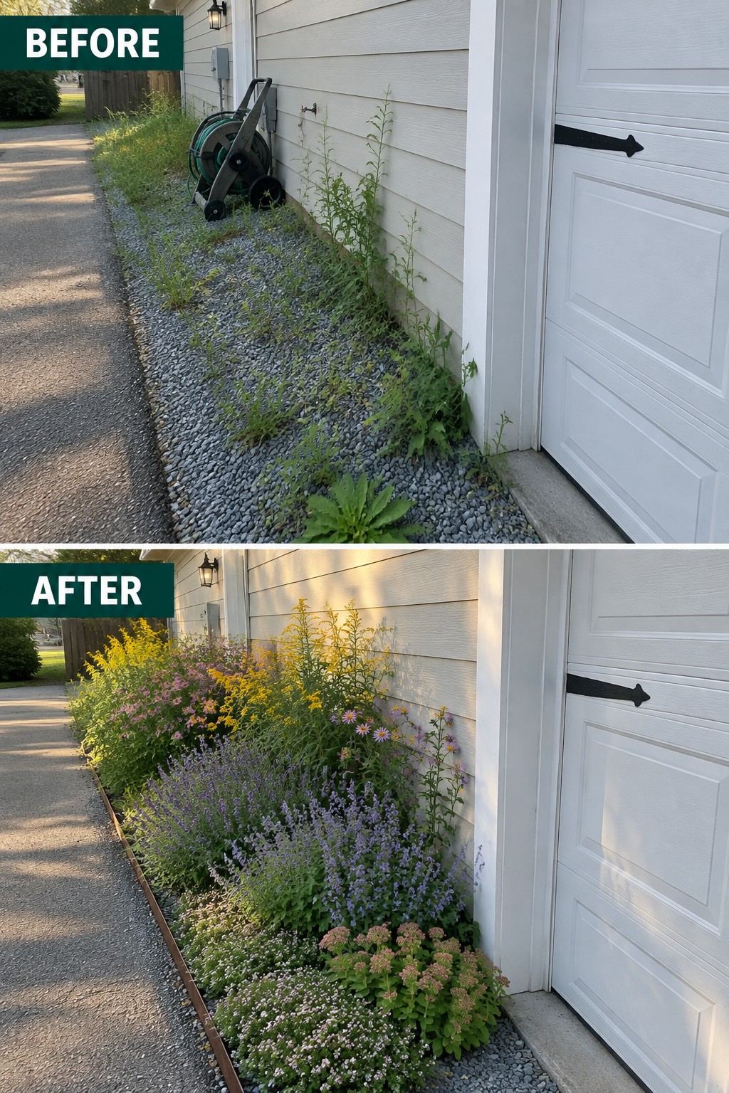 Before-and-after garden bed: weeds replaced by colorful flowers along white garage wall