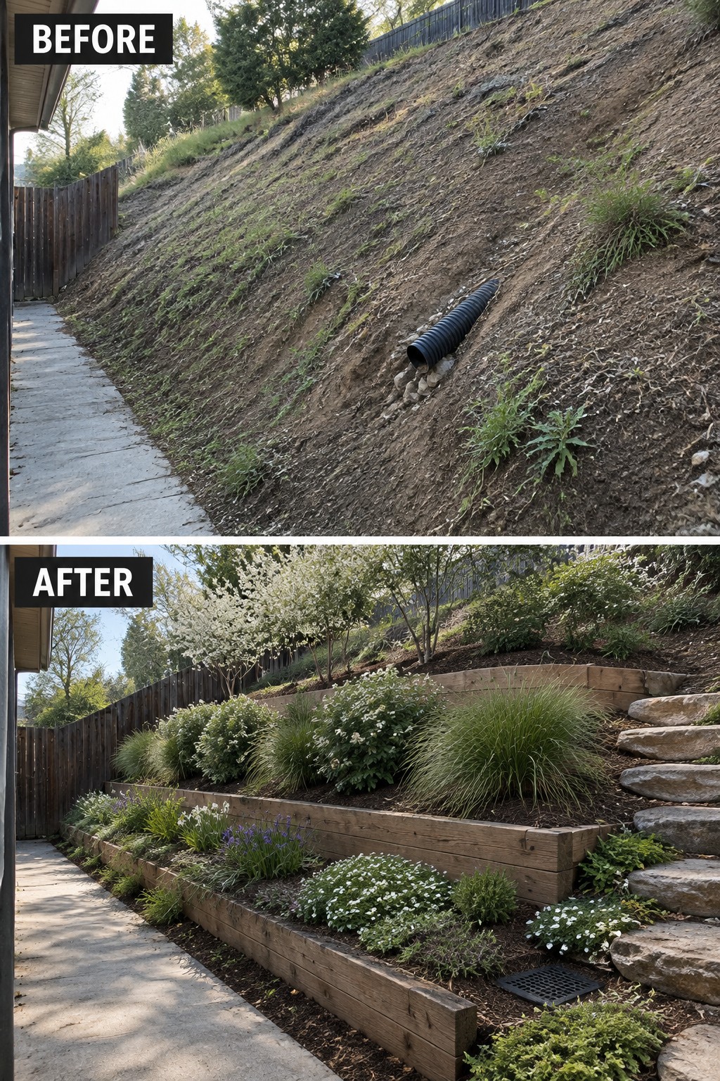 Before-and-after image of a bare hillside slope changed into terraced wooden garden beds with layered planting and stone steps.
