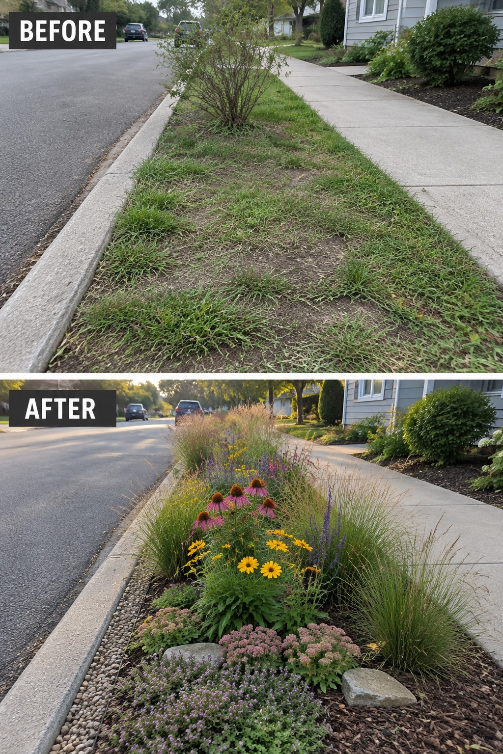 Before-and-after image of a weedy grass strip between a road and sidewalk changed into a layered planting bed with flowers, grasses, and mulch.