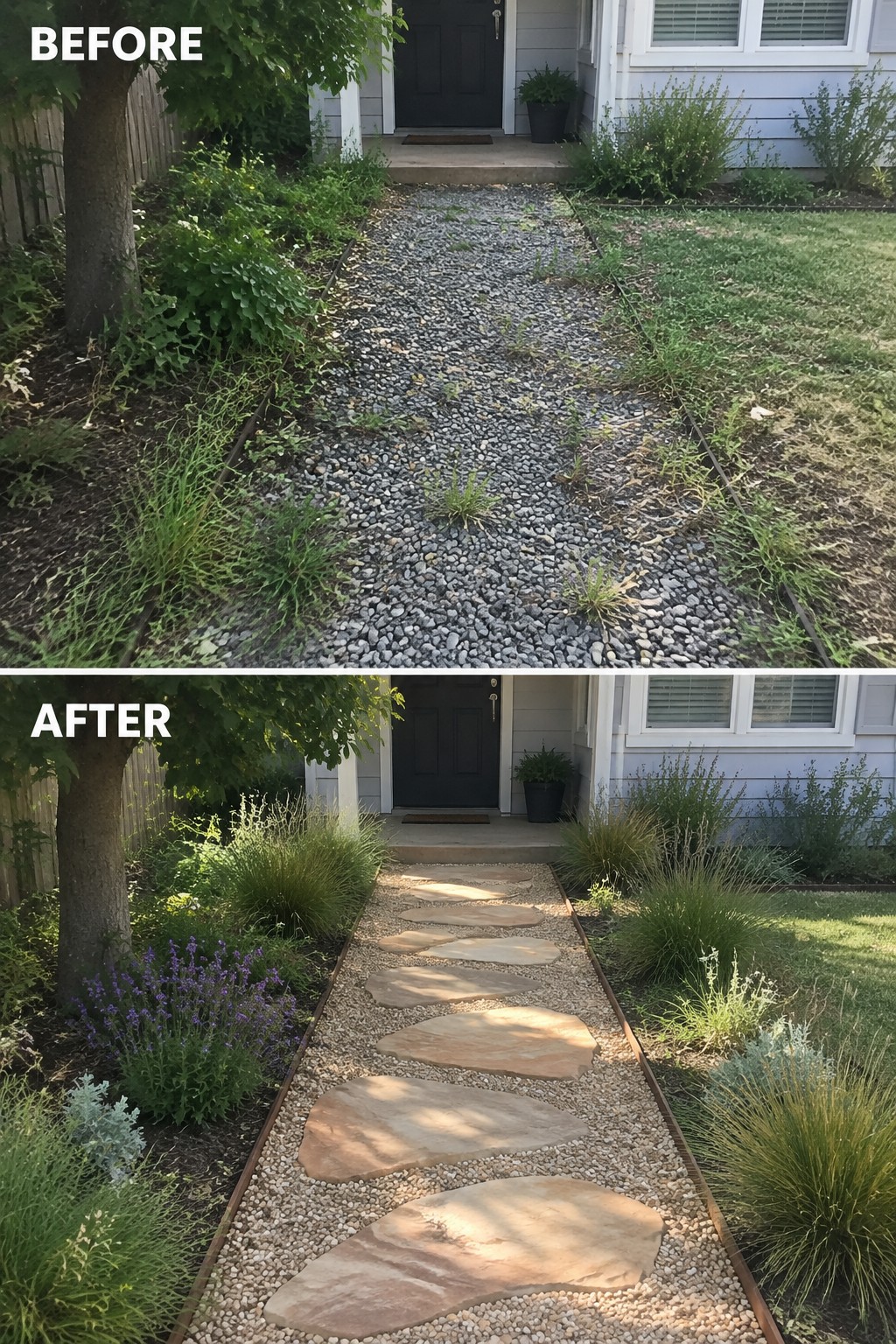 Before and after of a front path upgraded from weedy gravel to stepping stones with plants.