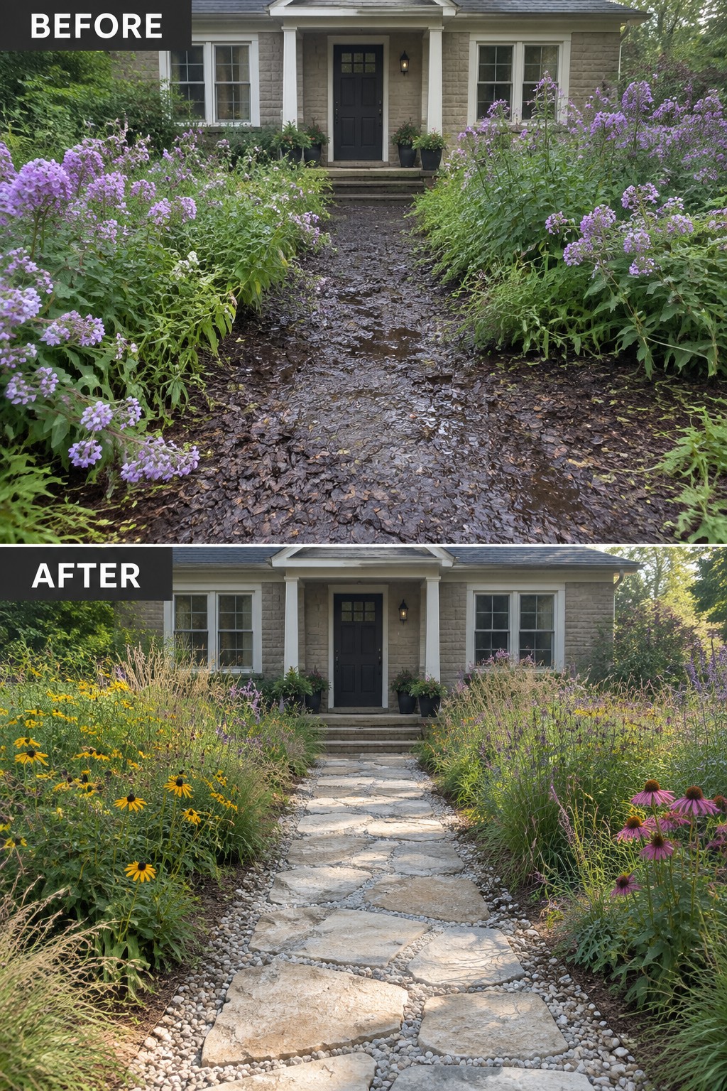 Before-and-after house entrance: muddy path transformed into stone walkway with colorful flowers.