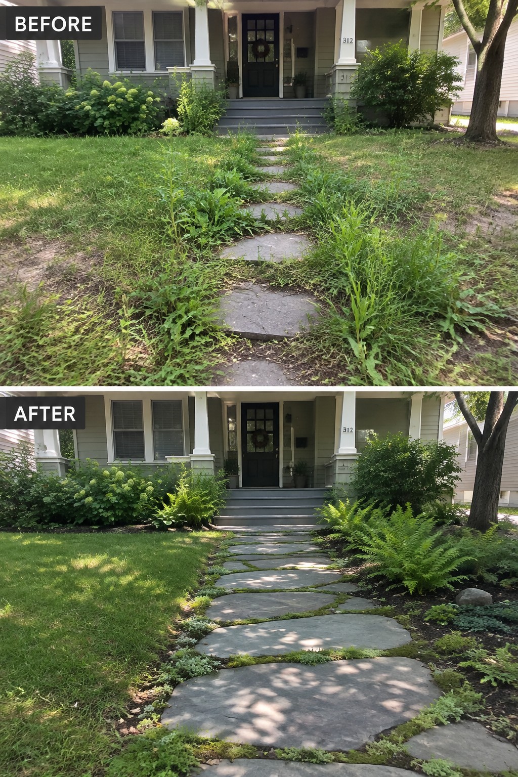 Before-and-after stone path: overgrown weeds replaced by neat moss and ferns to house.