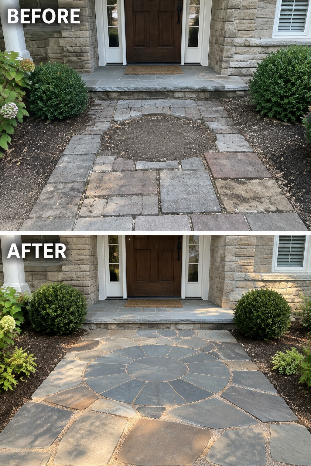 Before and after views of stone walkway with new circular pattern to front door