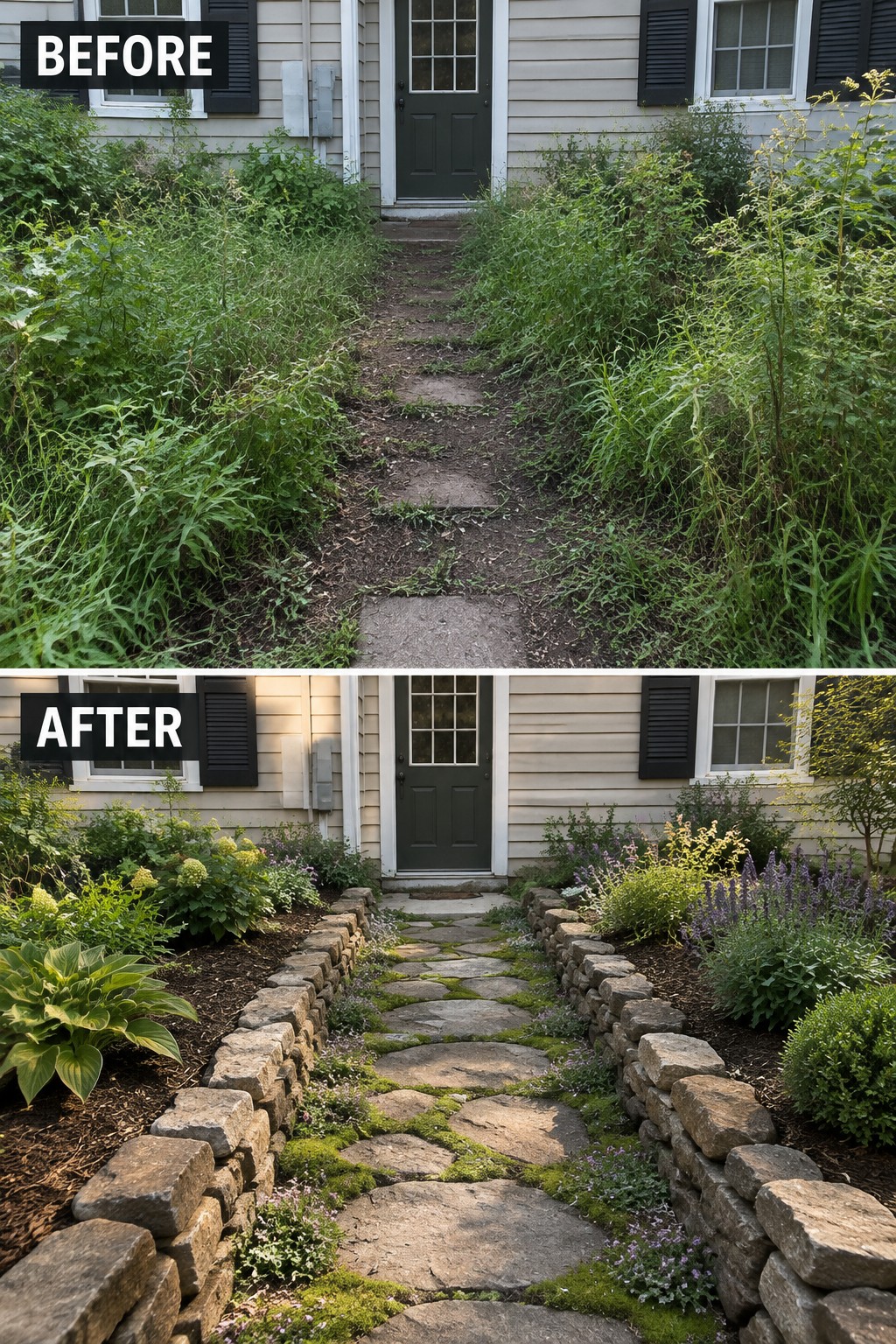 Before and after of overgrown dirt path transformed into mossy stone walkway with borders
