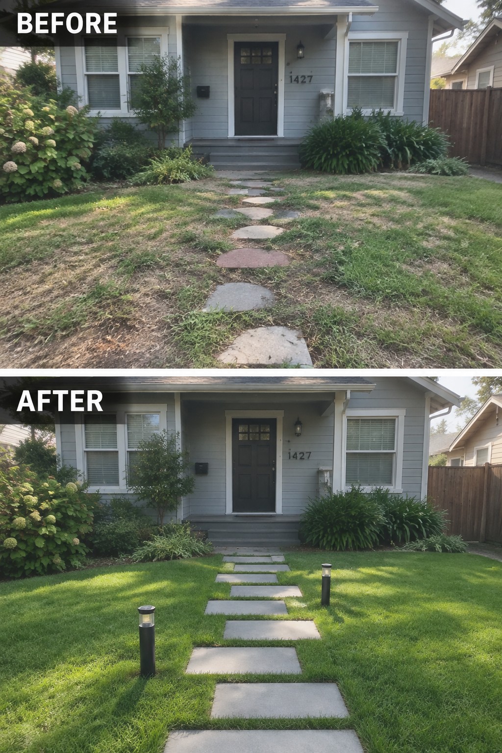 Before and after of front yard with new stone path and lush lawn.