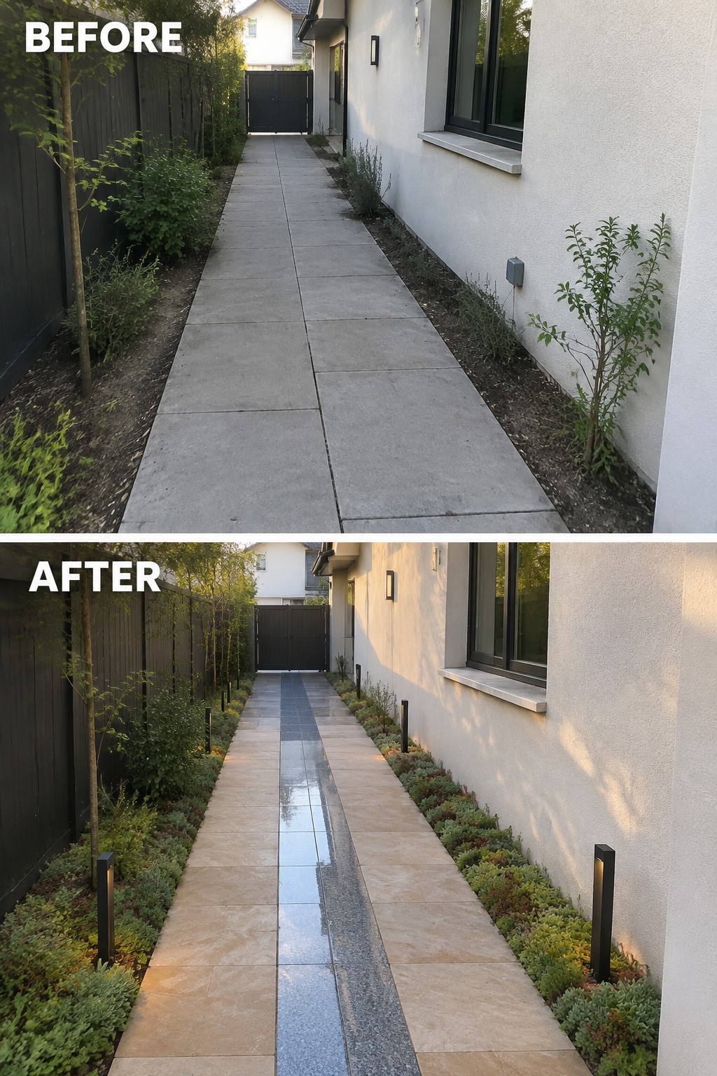 Before-and-after image of a concrete side path next to a house, changed to light stone pavers with a dark center strip, planted garden beds, and black path lights.