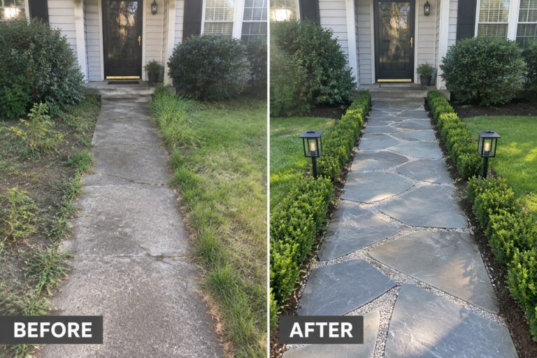 25 Polished Front Path Makeover Ideas Using Natural Stone Before and after of cracked concrete walkway transformed into stone path with lanterns.