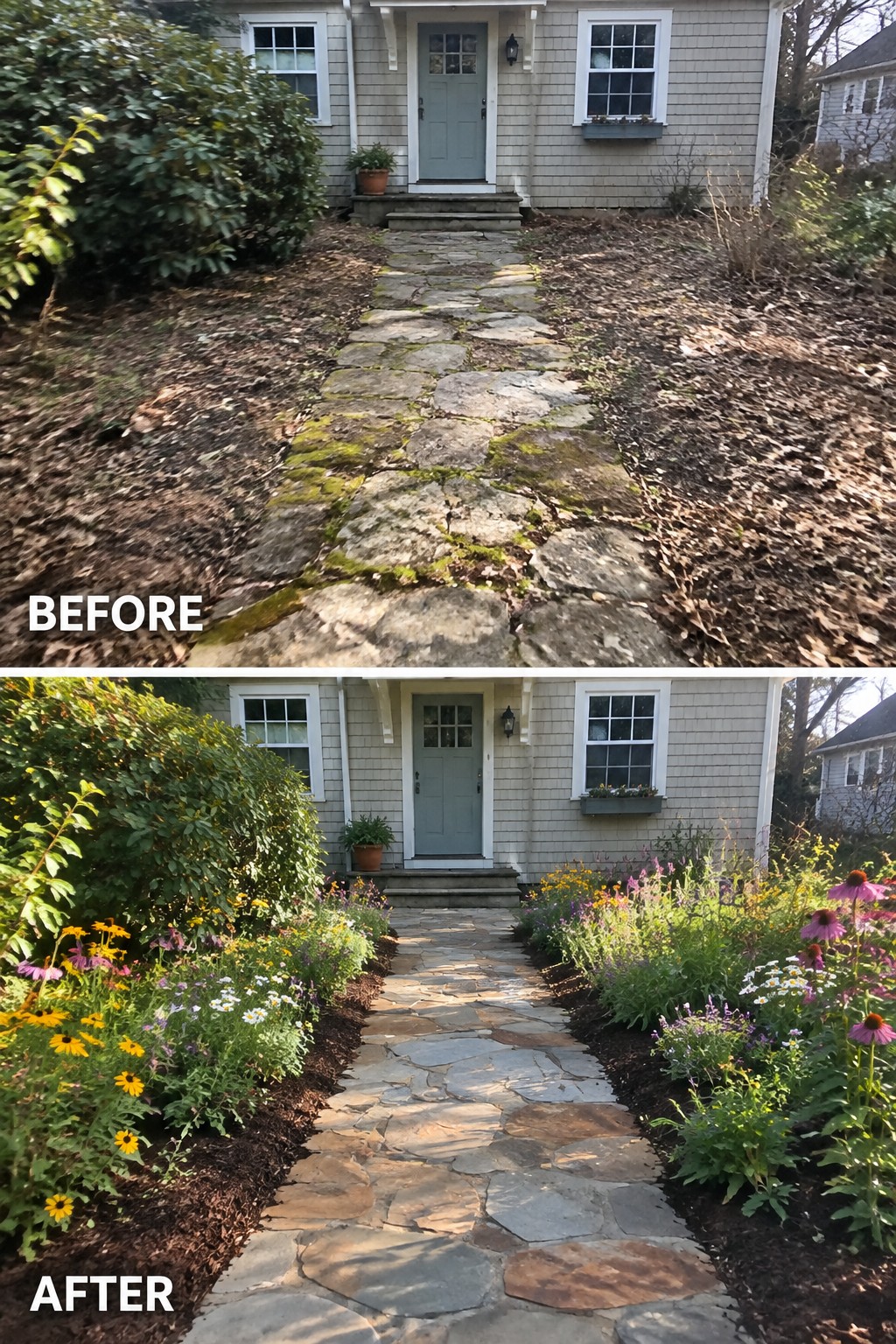 Before and after of mossy stone path transformed into colorful flower-lined walkway