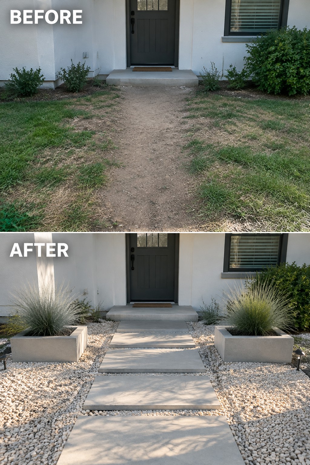 Before-and-after image of a front entrance where a dirt path was replaced with concrete pavers set in gravel and flanked by matching planters.