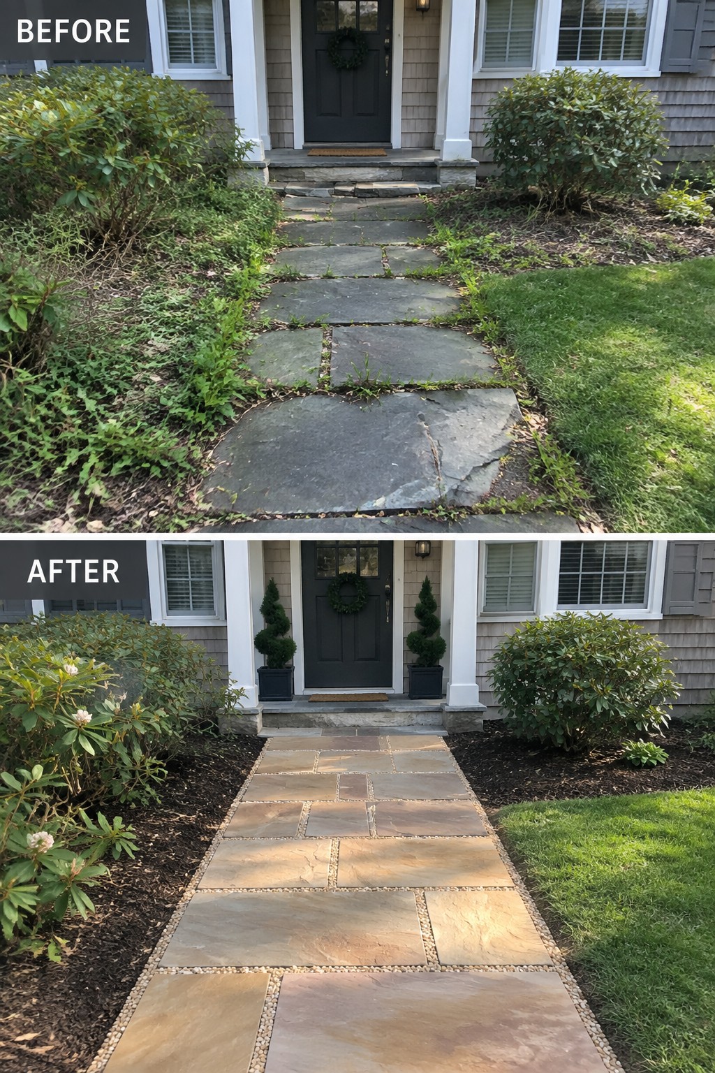 Before and after of front walkway from overgrown weeds to neat stone path with landscaping