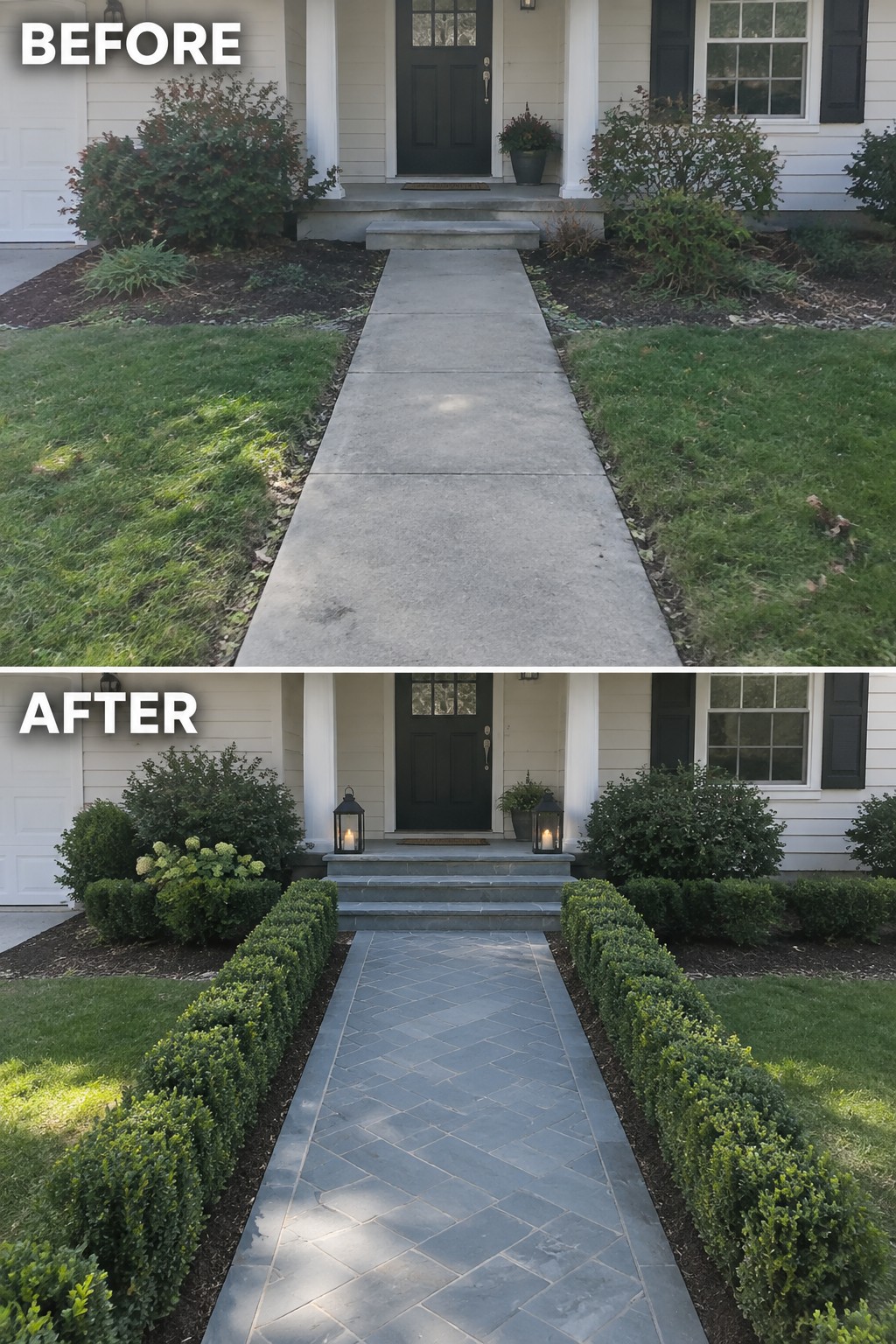 Before-and-after image of a plain concrete front path changed to natural stone pavers lined with low boxwood hedges.