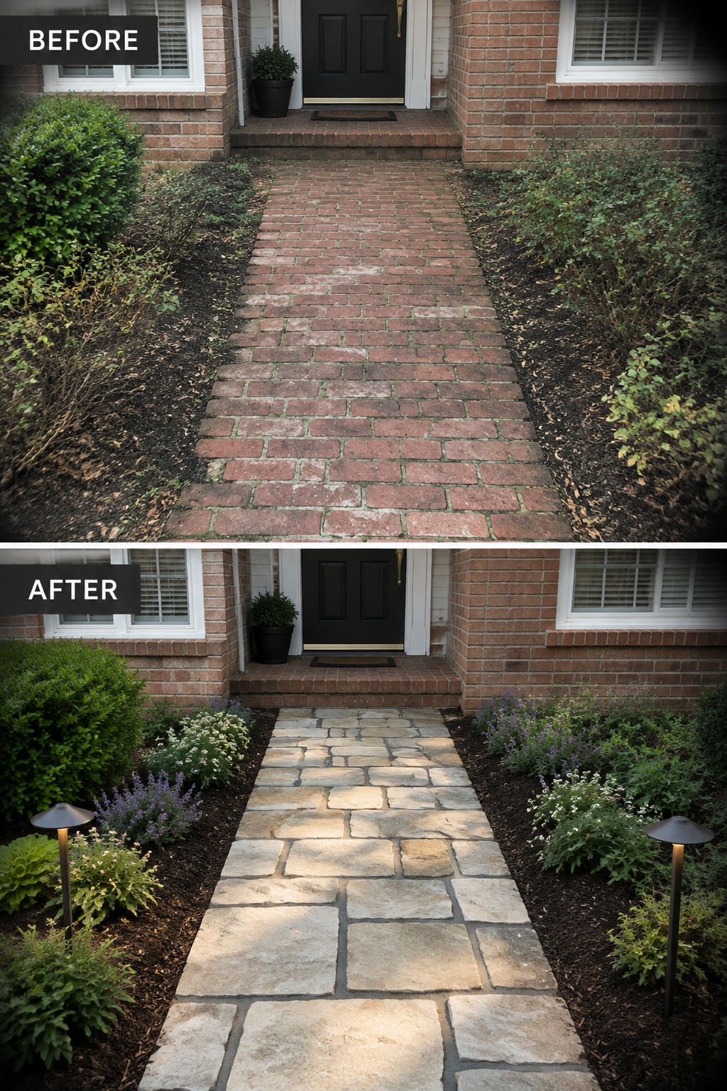 Before and after of red brick walkway replaced by light stone path with garden lights