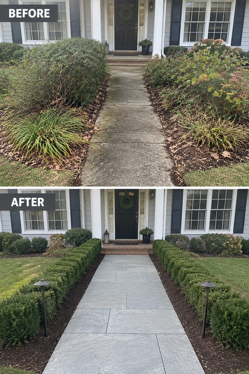 Before-and-after image of a concrete front walkway replaced with natural stone pavers and neat hedge borders.