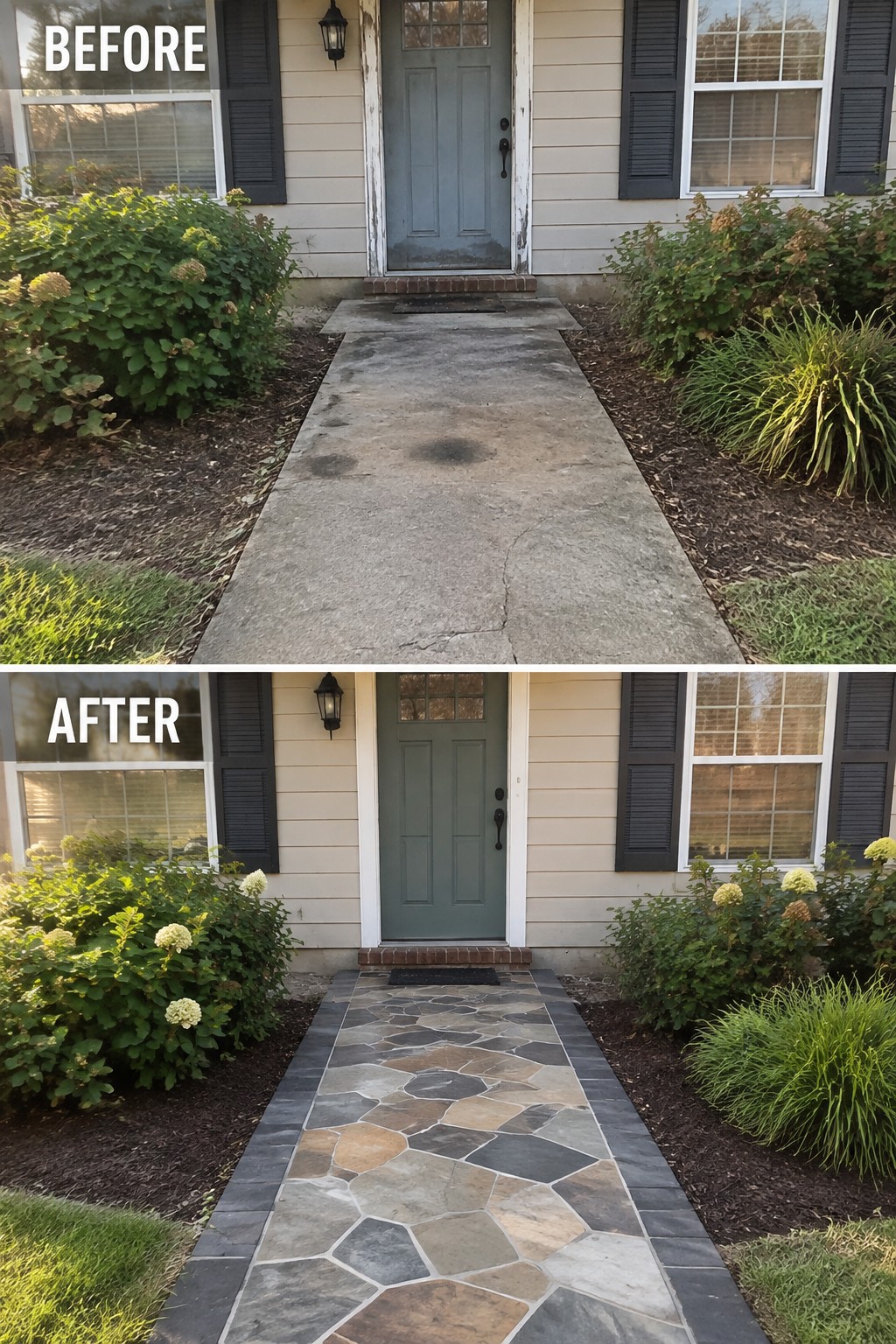 Before-and-after image of a cracked concrete front walkway replaced with irregular natural stone pavers and bordered by cleaned-up garden beds.