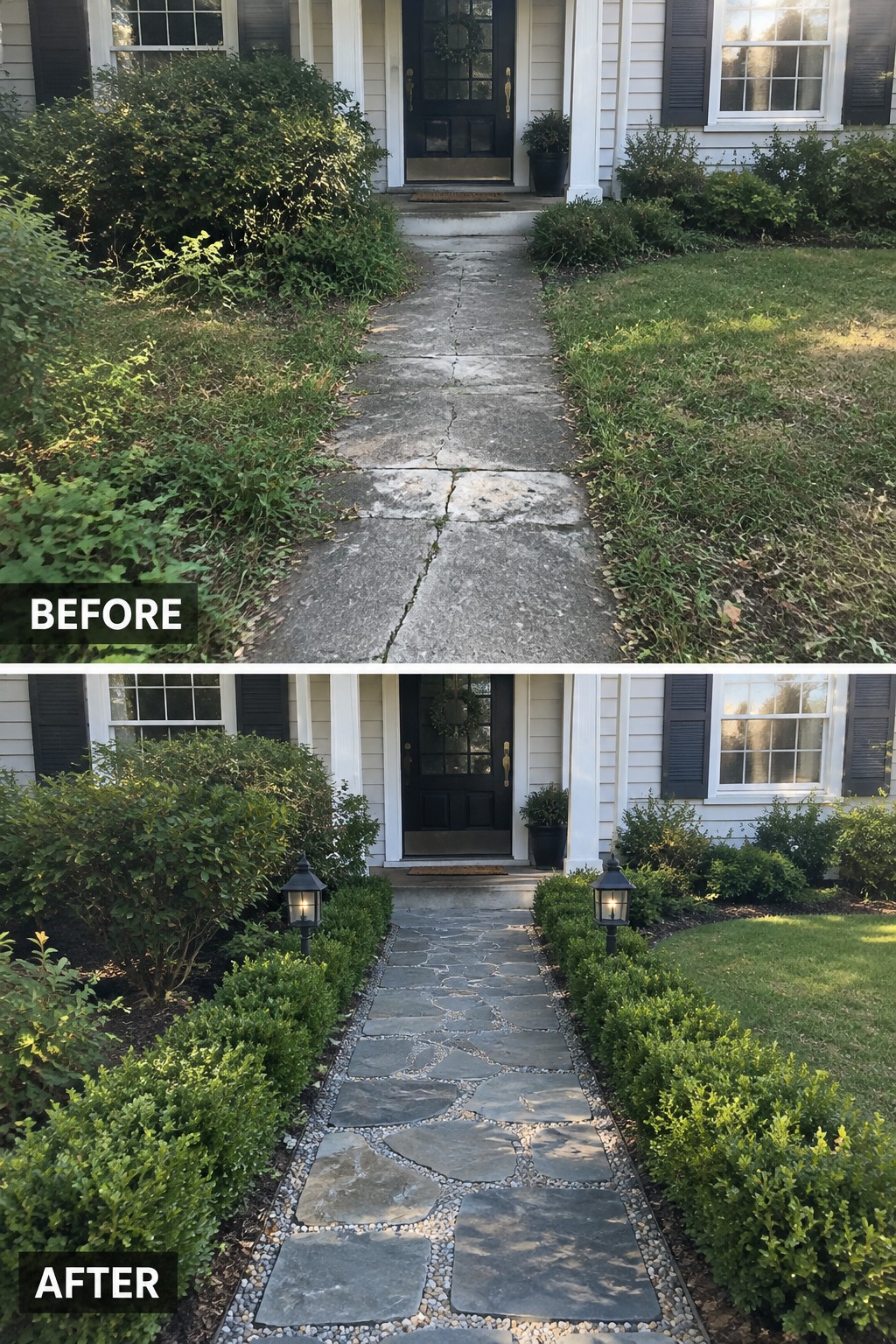 Before and after of cracked concrete walkway transformed into stone path with lanterns.
