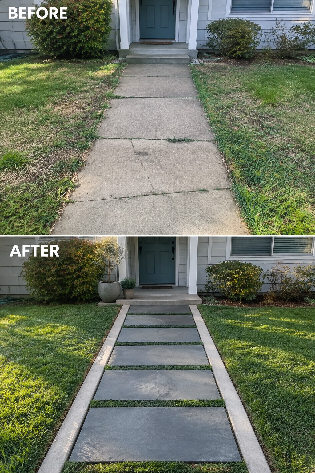 Before-and-after image of a cracked concrete front path changed into a walkway of rectangular stone pavers set in a concrete border with grass between the slabs.