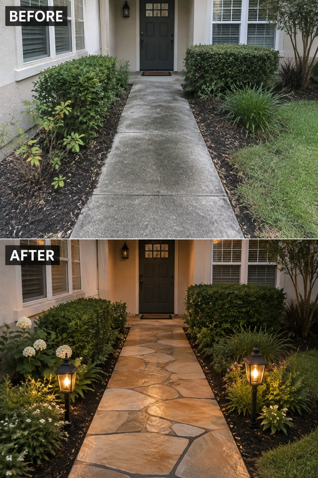 Before and after concrete walkway transformed into flagstone path with lanterns and flowers