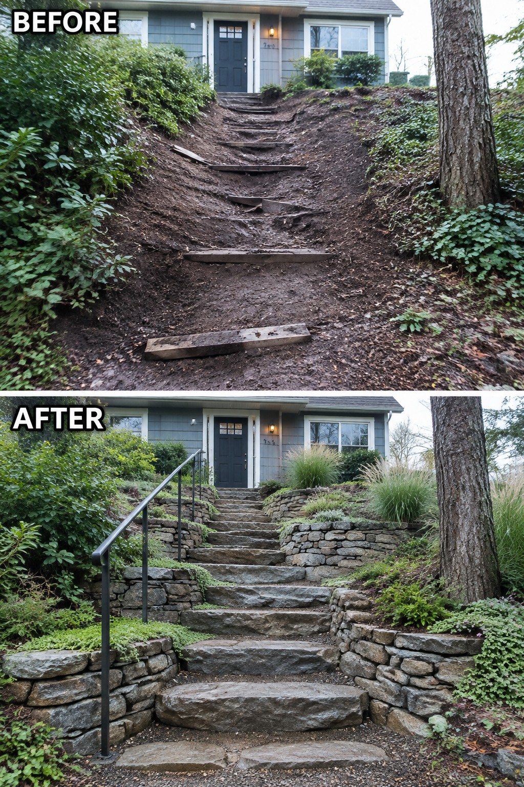 Before muddy plank steps and after stone staircase with walls and railings.