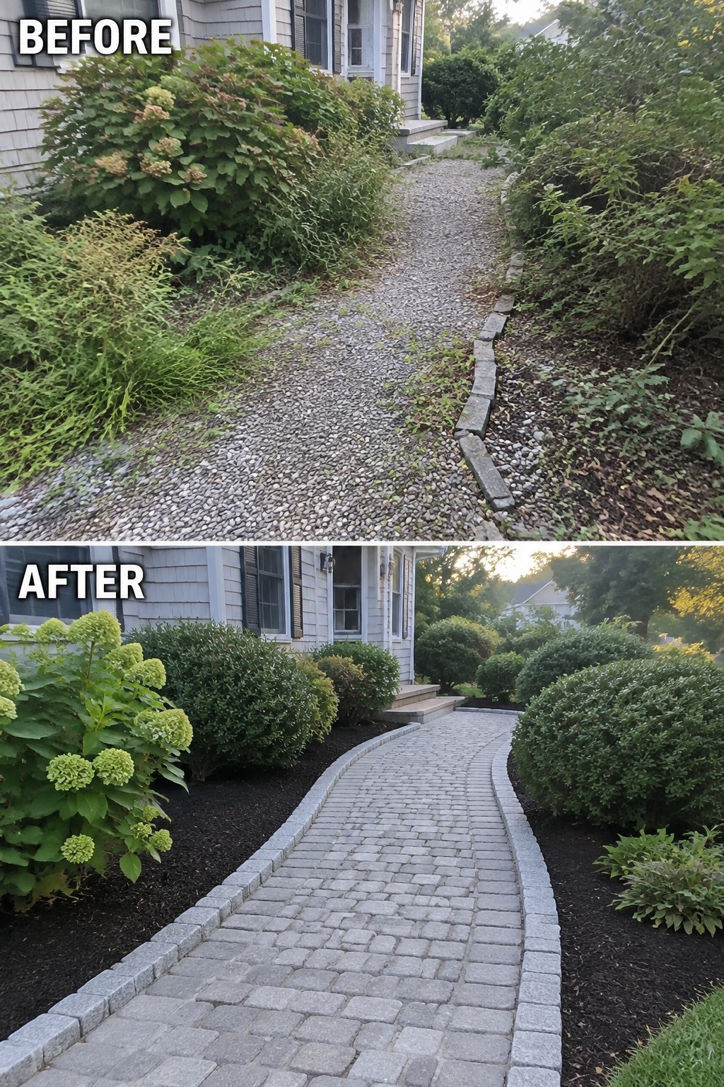 Before-and-after view of gravel path upgraded to curved paver walkway with trimmed shrubs