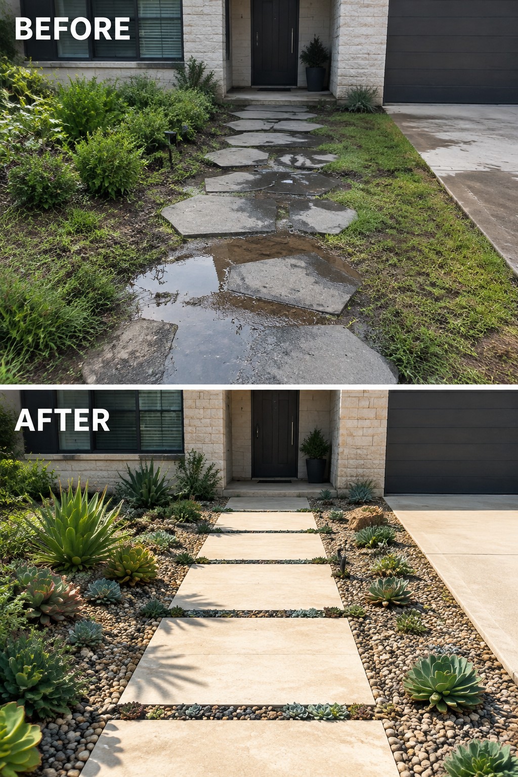 Before and after of flooded stone path turned into neat paver walkway with succulents.