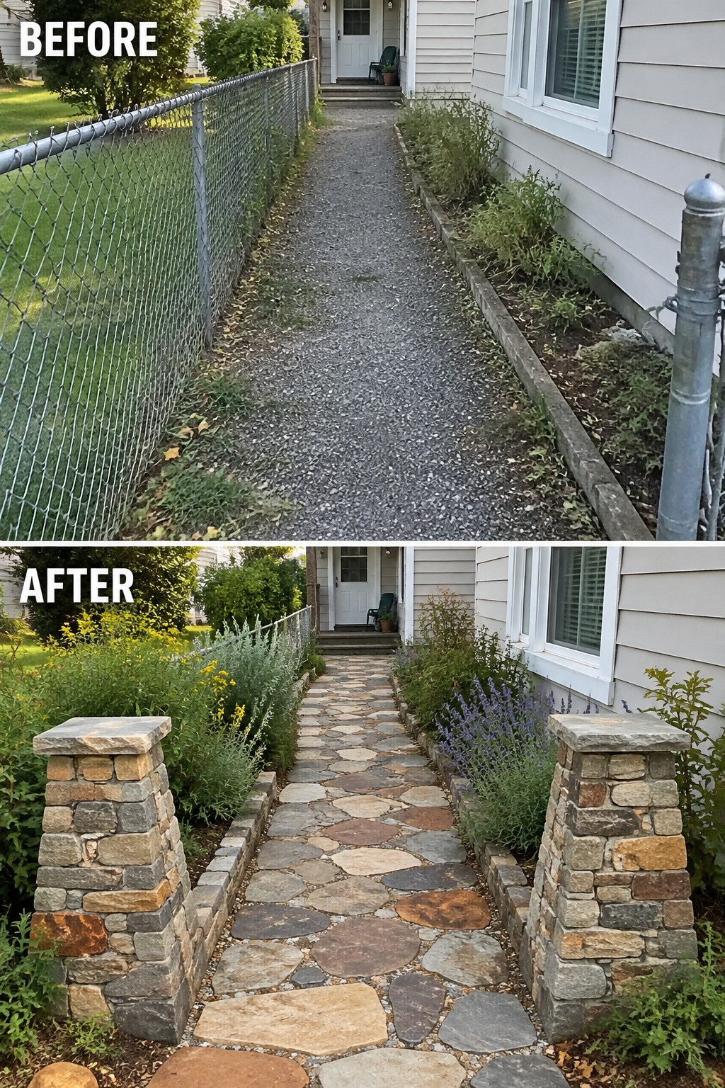 Before and after views of gravel path upgraded to stone walkway with pillars.