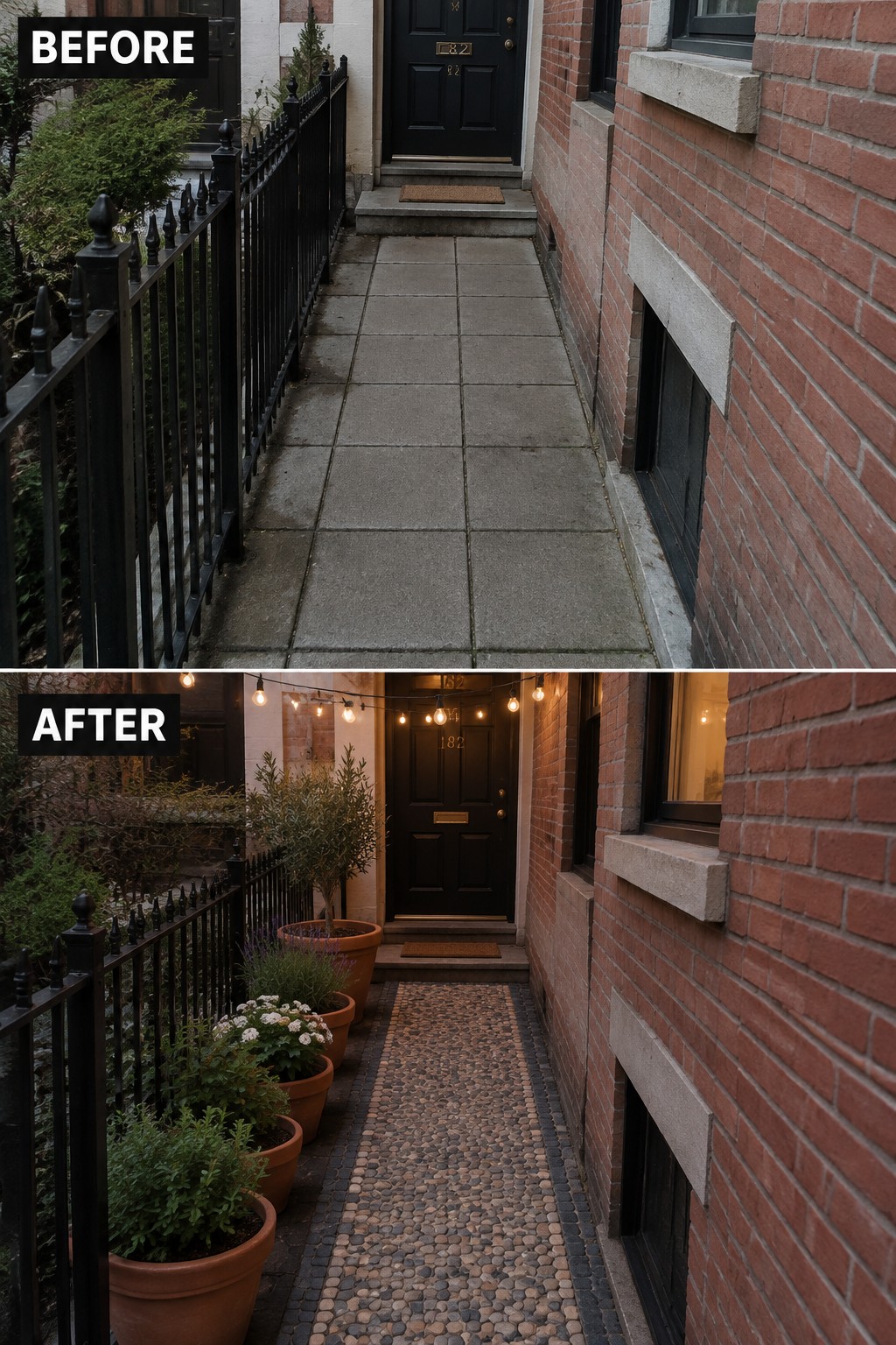 Before-and-after of a brick walkway upgraded with cobblestones, potted plants, and string lights.