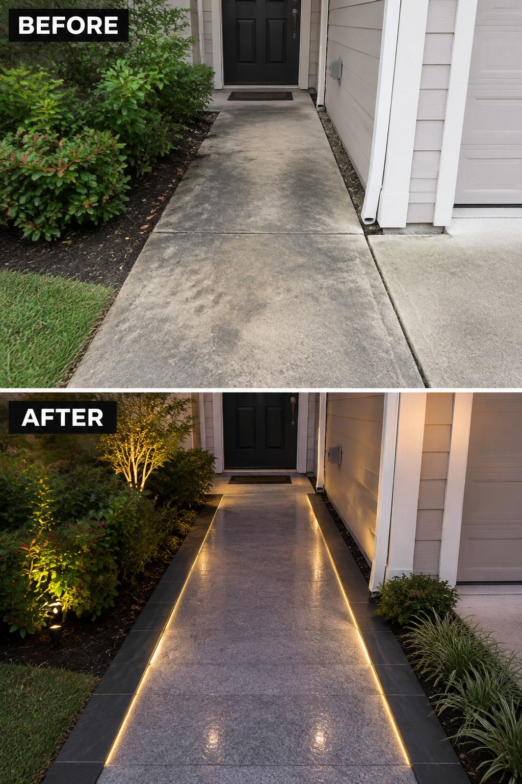 Before and after of plain concrete walkway upgraded with glowing LED edge lights and landscaping.