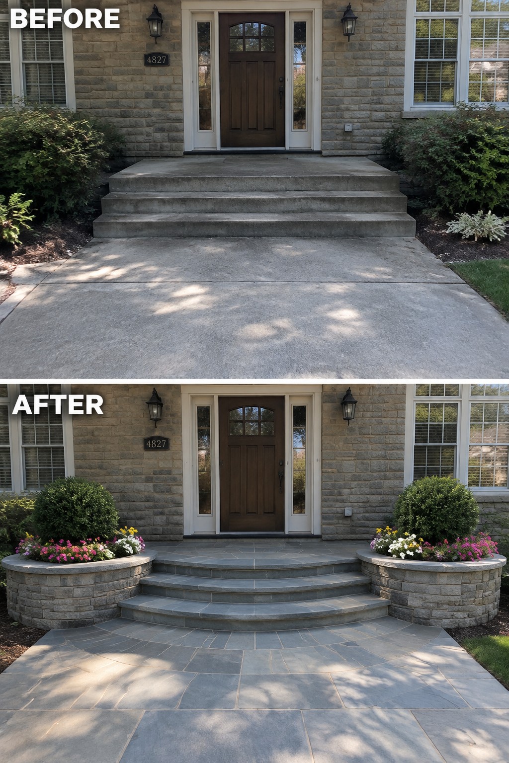Before and after of house entrance: concrete steps replaced by curved stone patio with flower planters.