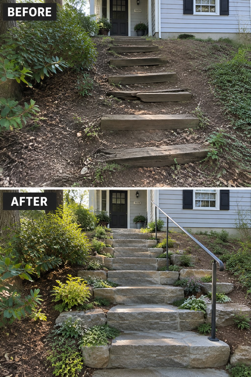 Before and after of hillside steps replaced with stone stairs, plants and handrail.