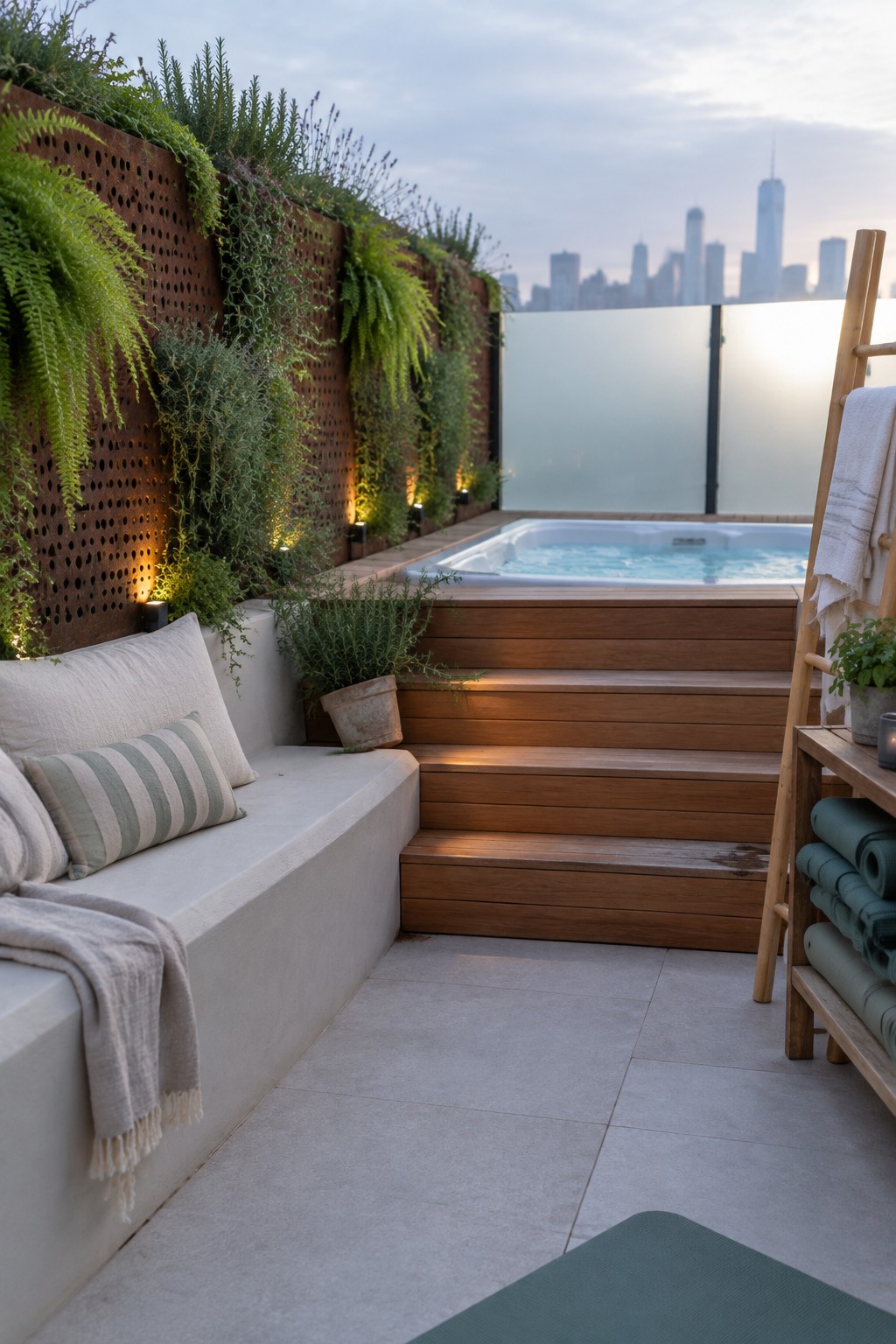 A rooftop terrace features a built-in concrete bench with cushions against a rusted metal planter wall covered in green ferns and shrubs, with wooden steps leading to a hot tub and a city skyline in the background.