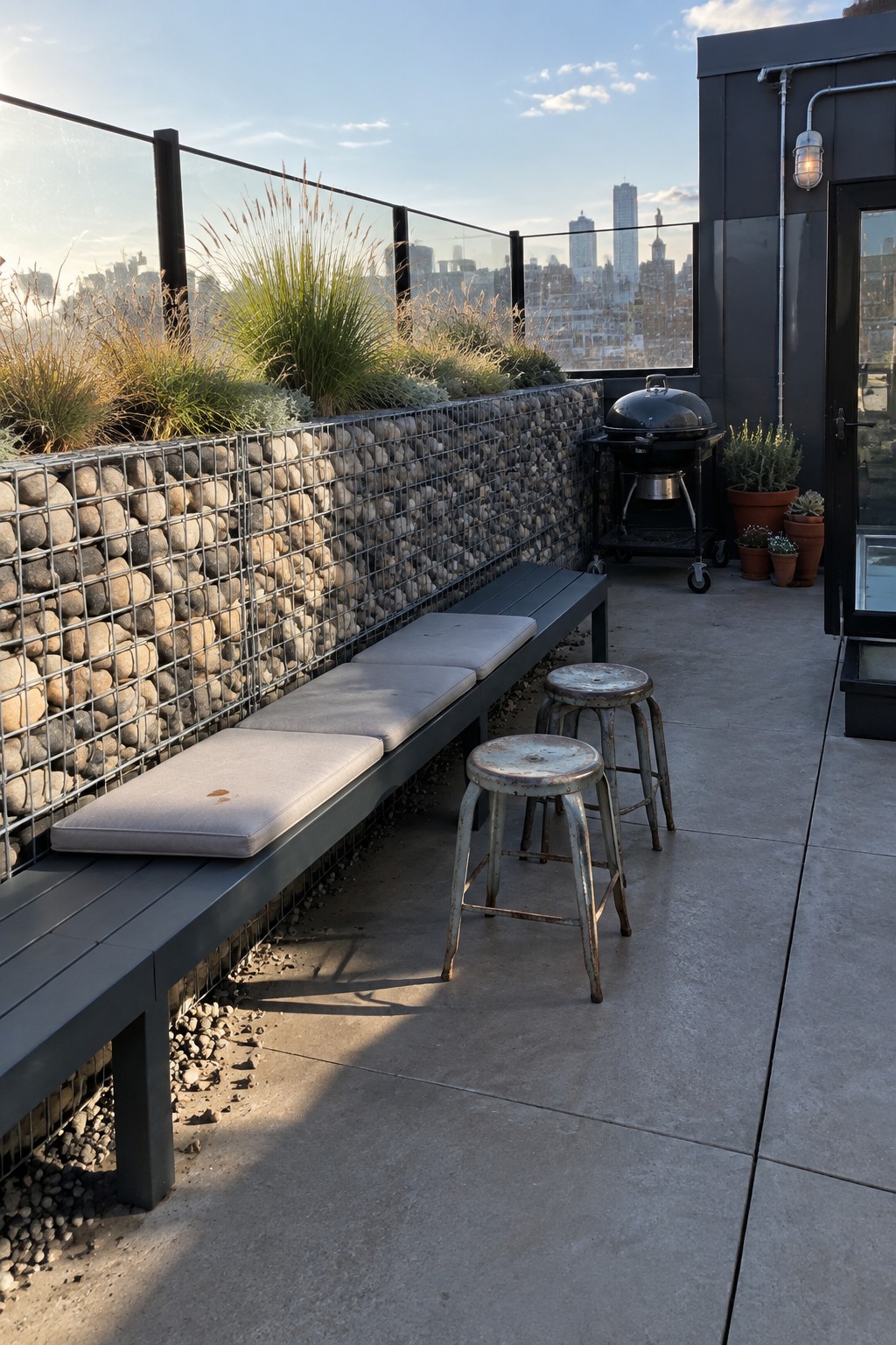 A rooftop terrace shows a long dark bench with gray cushions placed against a gabion wall filled with stones and planted with tall grasses, next to two metal stools and a grill.