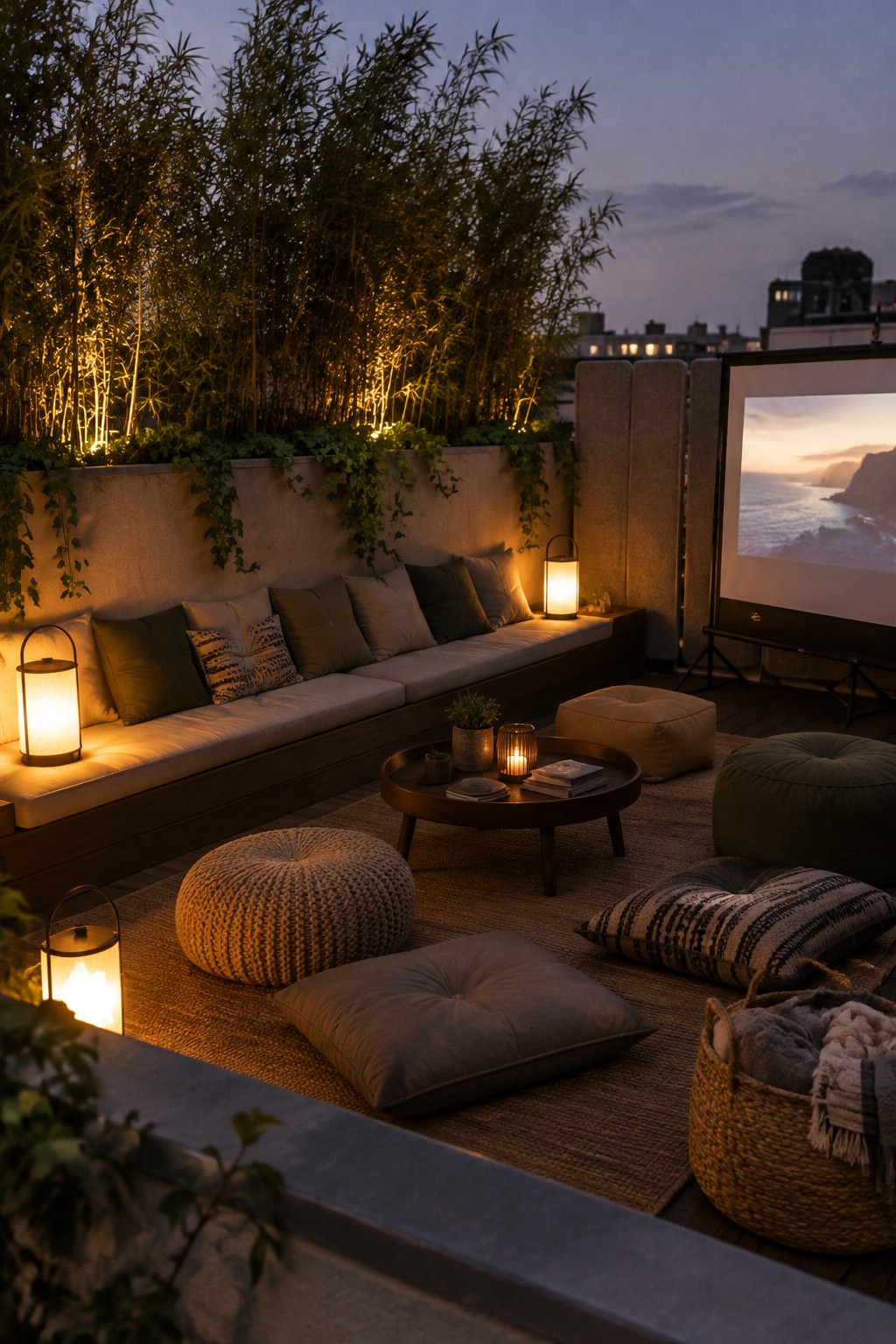 A rooftop terrace at dusk features a long built-in bench with cushions against a concrete wall topped with tall plants and string lights, along with floor cushions, a round table, lanterns, and a projector screen.