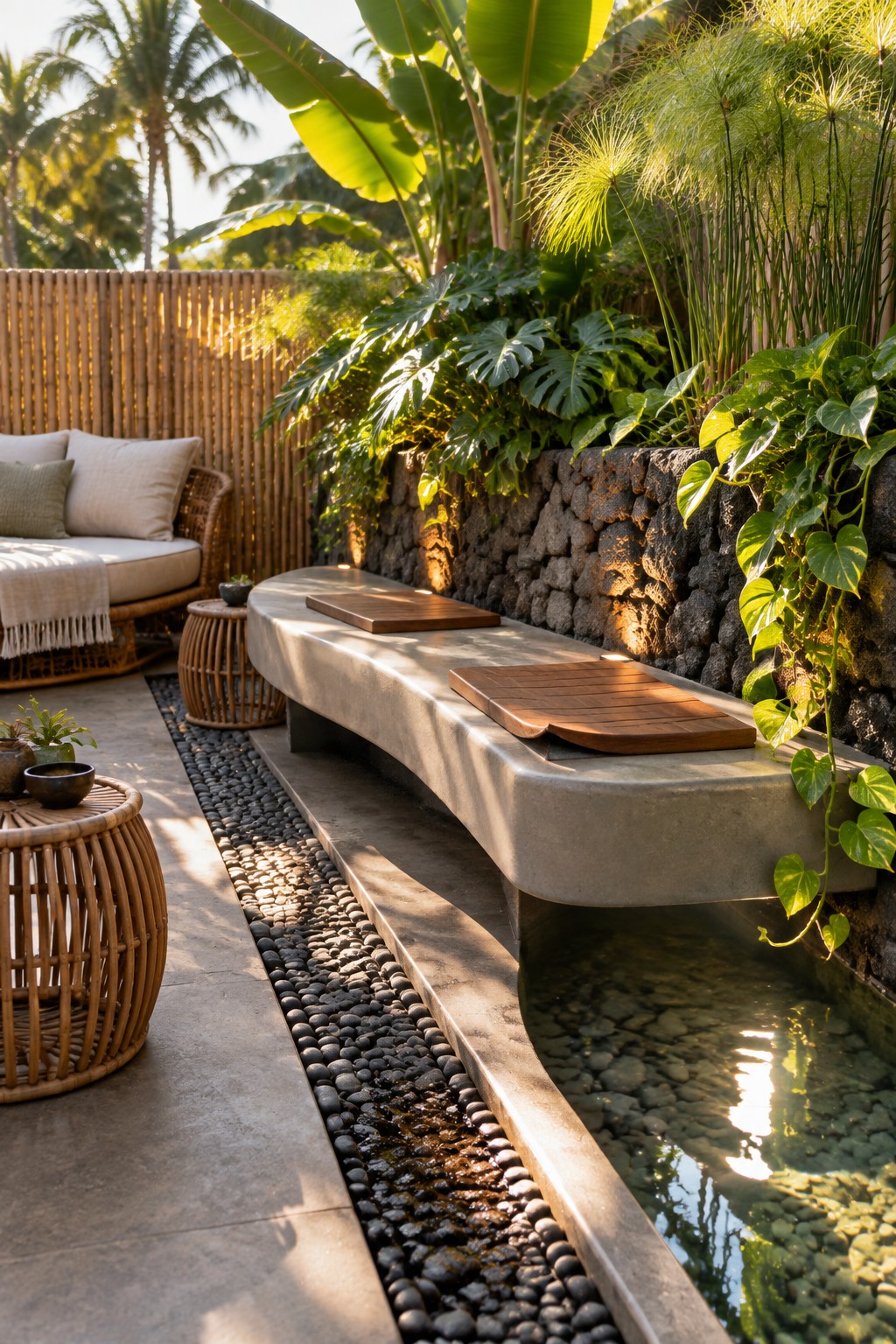 Modern tropical patio with floating concrete bench over pebble water channel amid lush plants
