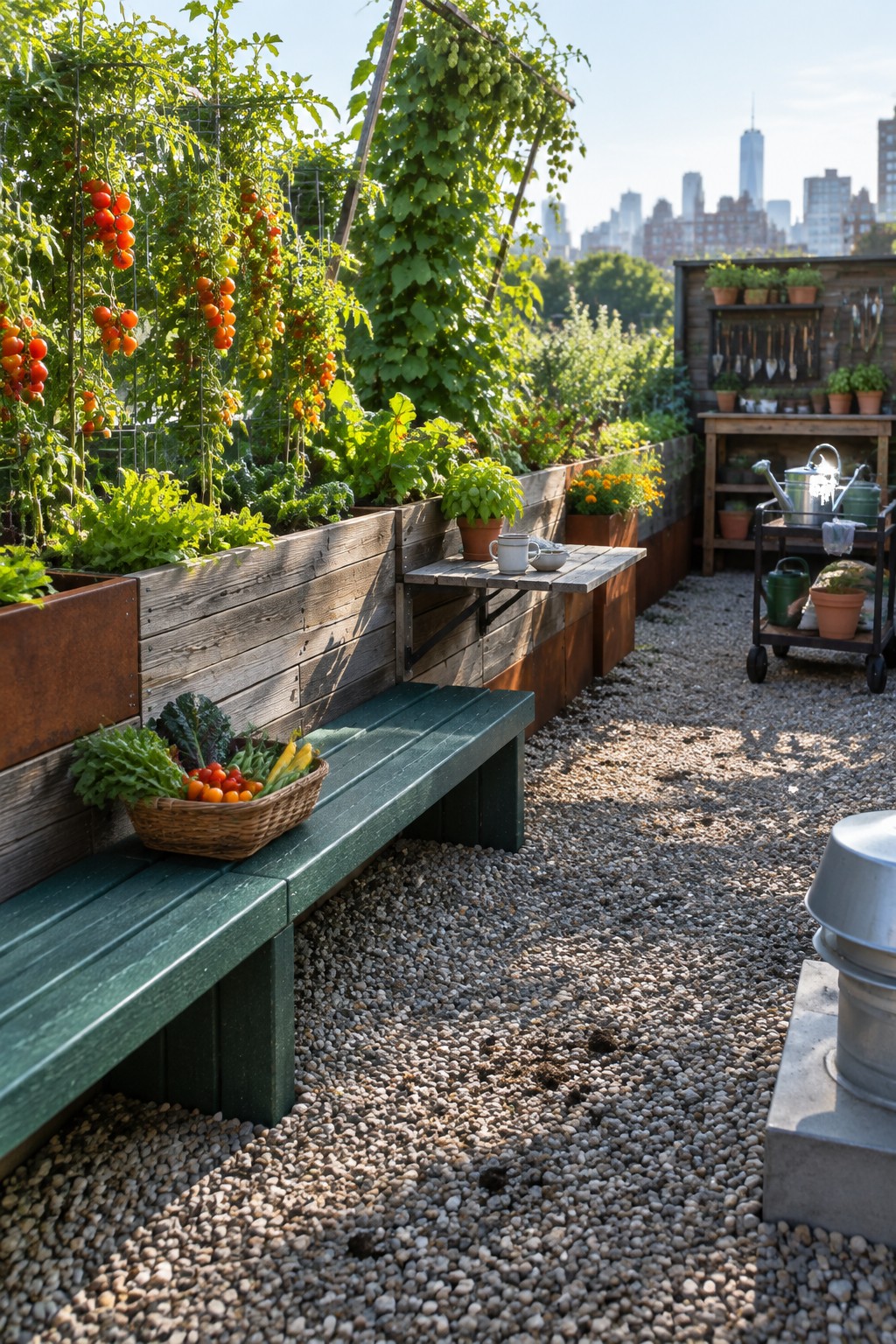 A long green wooden bench sits beside raised wooden planters filled with vegetables and herbs on a gravel roof terrace overlooking a city skyline.
