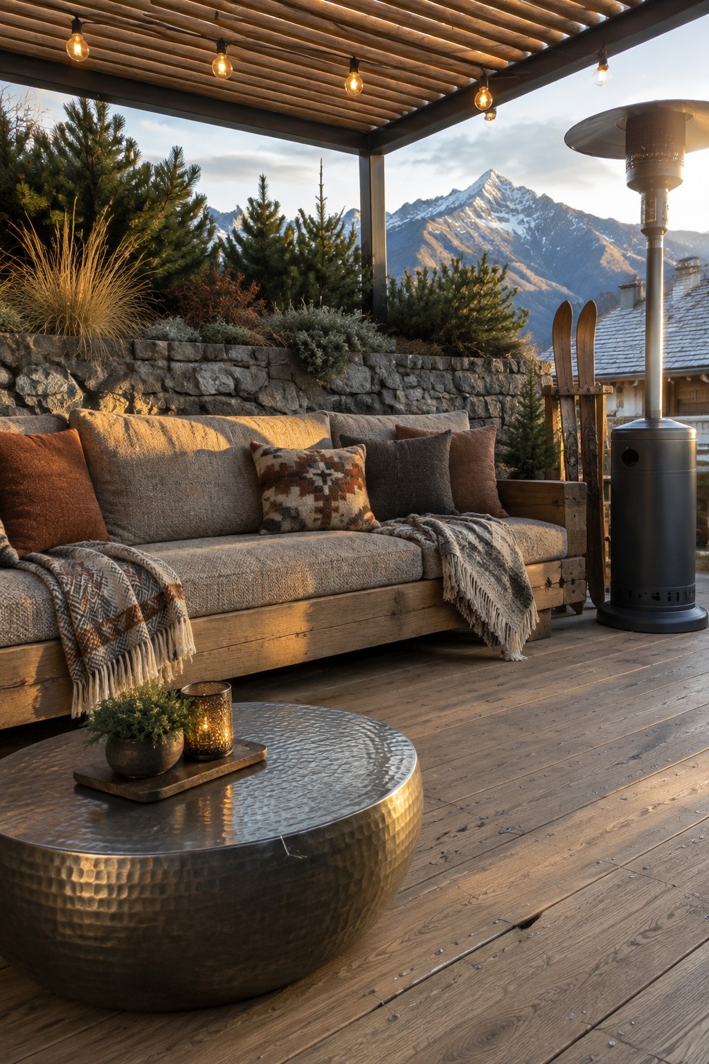 Cozy rustic deck with sofa, pillows, patio heater, and mountain view at sunset