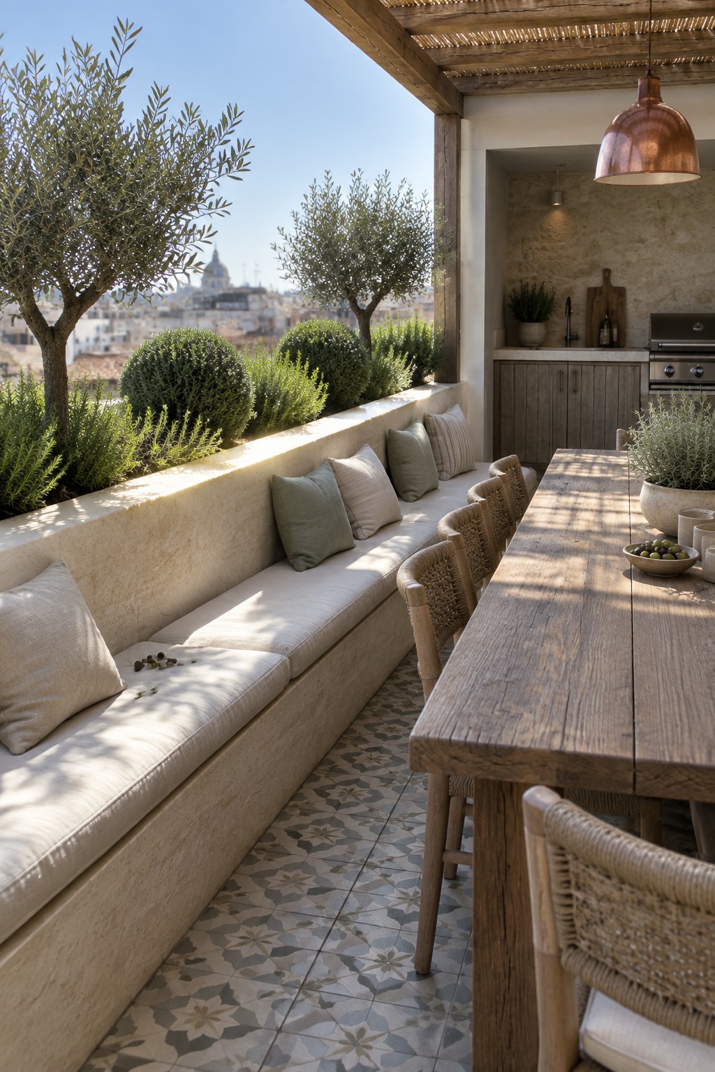 Rustic terrace with wooden table, cushioned bench, olive trees, and city view.