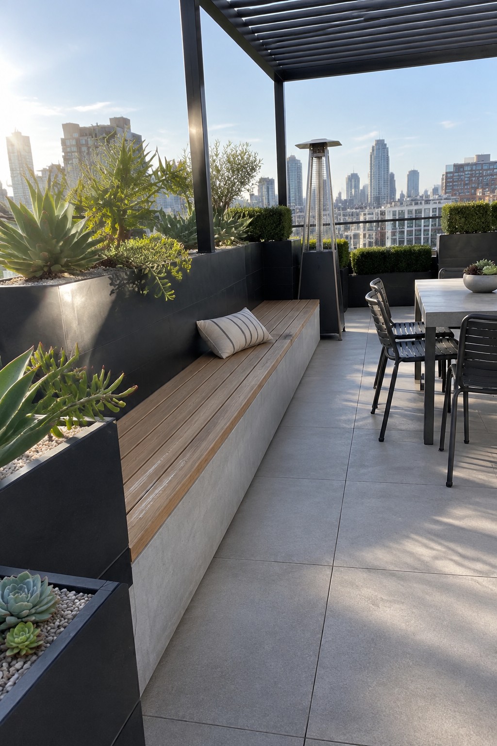 A rooftop terrace shows a long built-in wooden bench set against black planter walls filled with succulents and shrubs, next to an outdoor dining table and chairs.