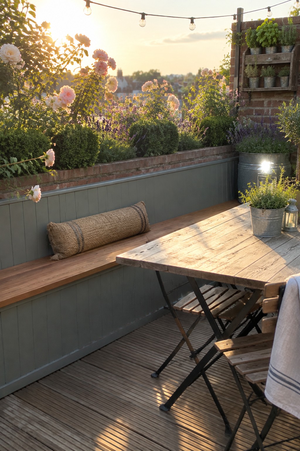 Wooden bench seating runs along a gray paneled wall beneath a brick planter filled with roses and lavender on a wooden deck roof terrace.