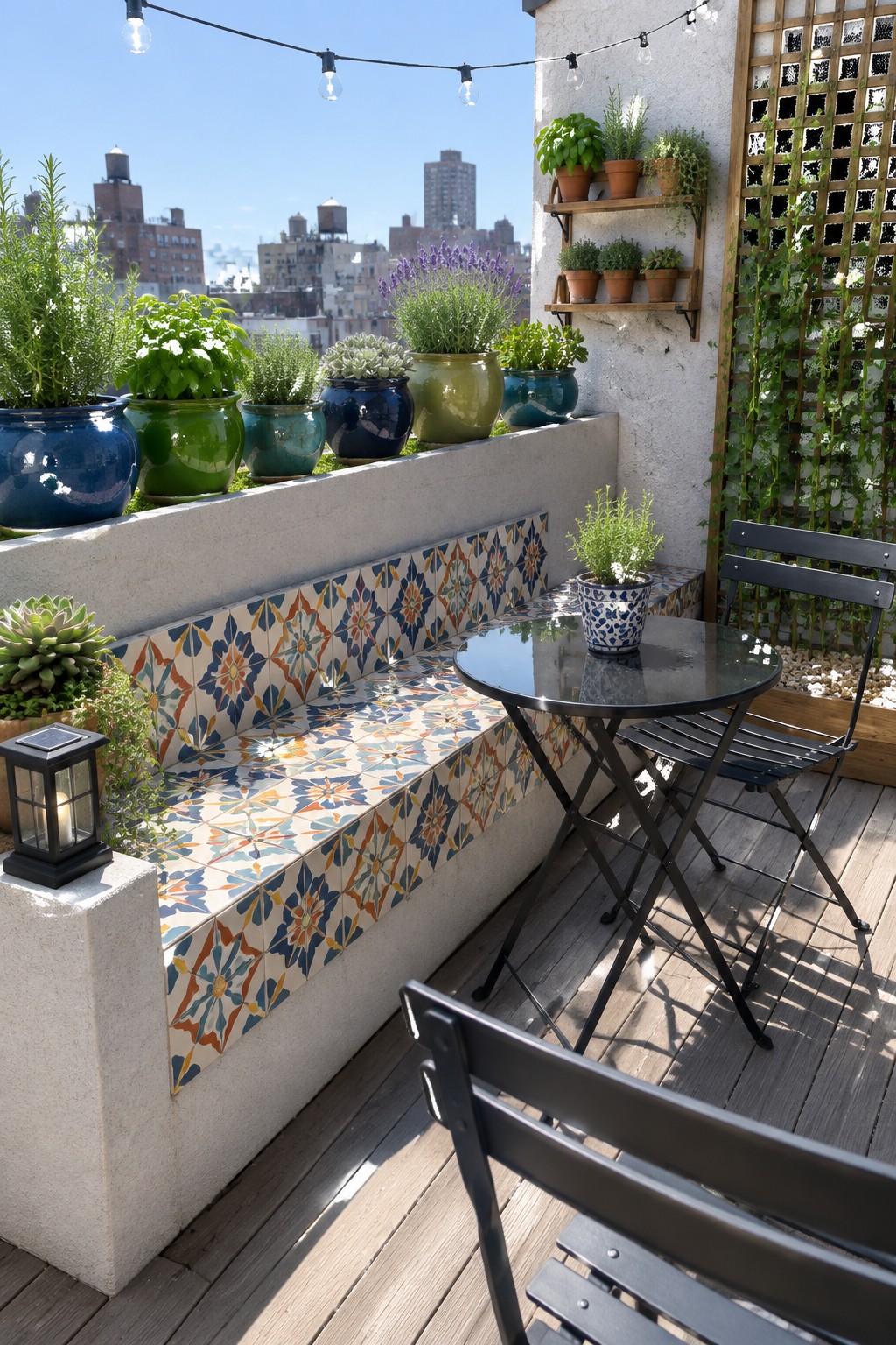 A rooftop terrace with a long built-in bench covered in colorful tiles, topped by potted plants, next to a round table and black chairs on a wooden deck.