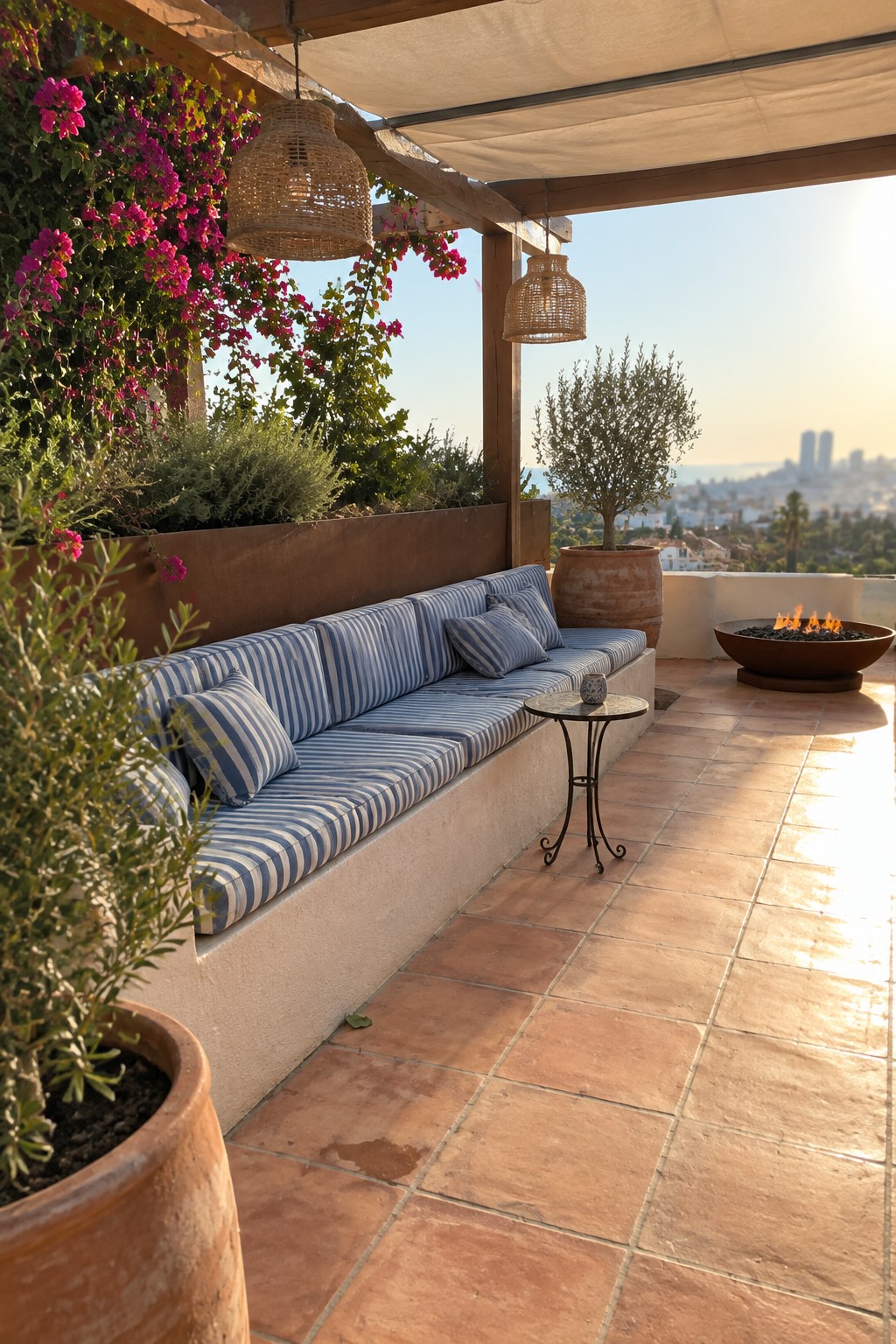 A roof terrace featuring a long built-in bench with blue striped cushions set against a raised planter wall, terracotta tile flooring, woven pendant lights, a fire pit, and distant city views.