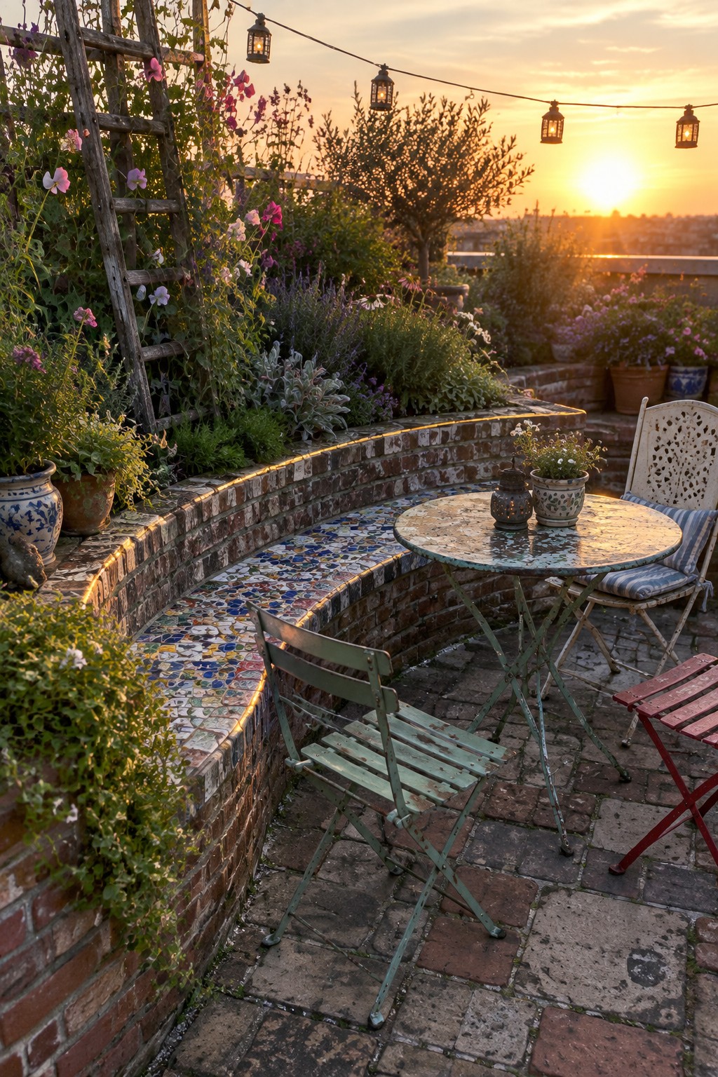 Sunset garden terrace with mosaic brick bench, green chairs, potted flowers, and lanterns.