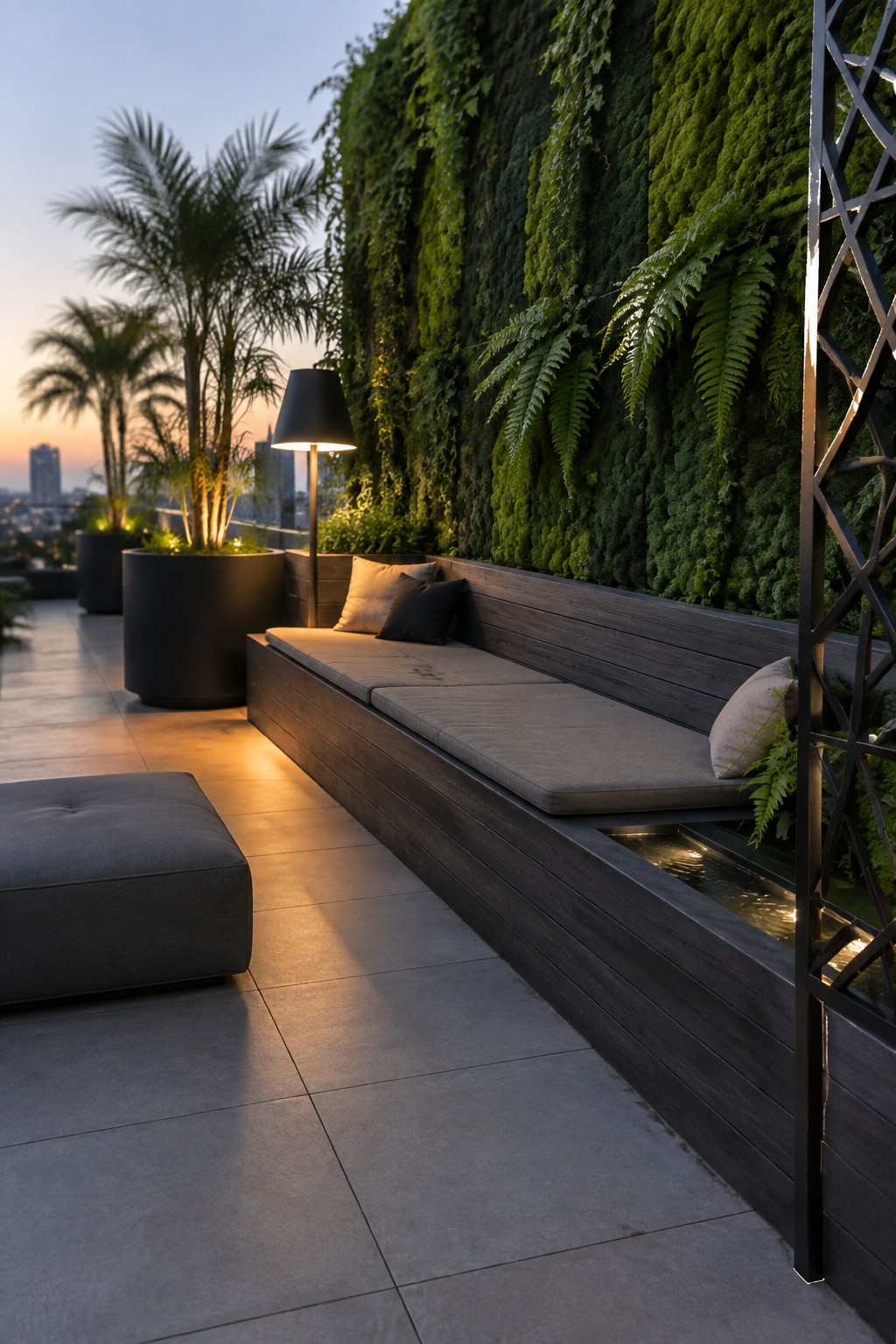 A long dark wooden built-in bench with gray cushions sits against a tall vertical garden wall covered in ferns and moss on a rooftop terrace.